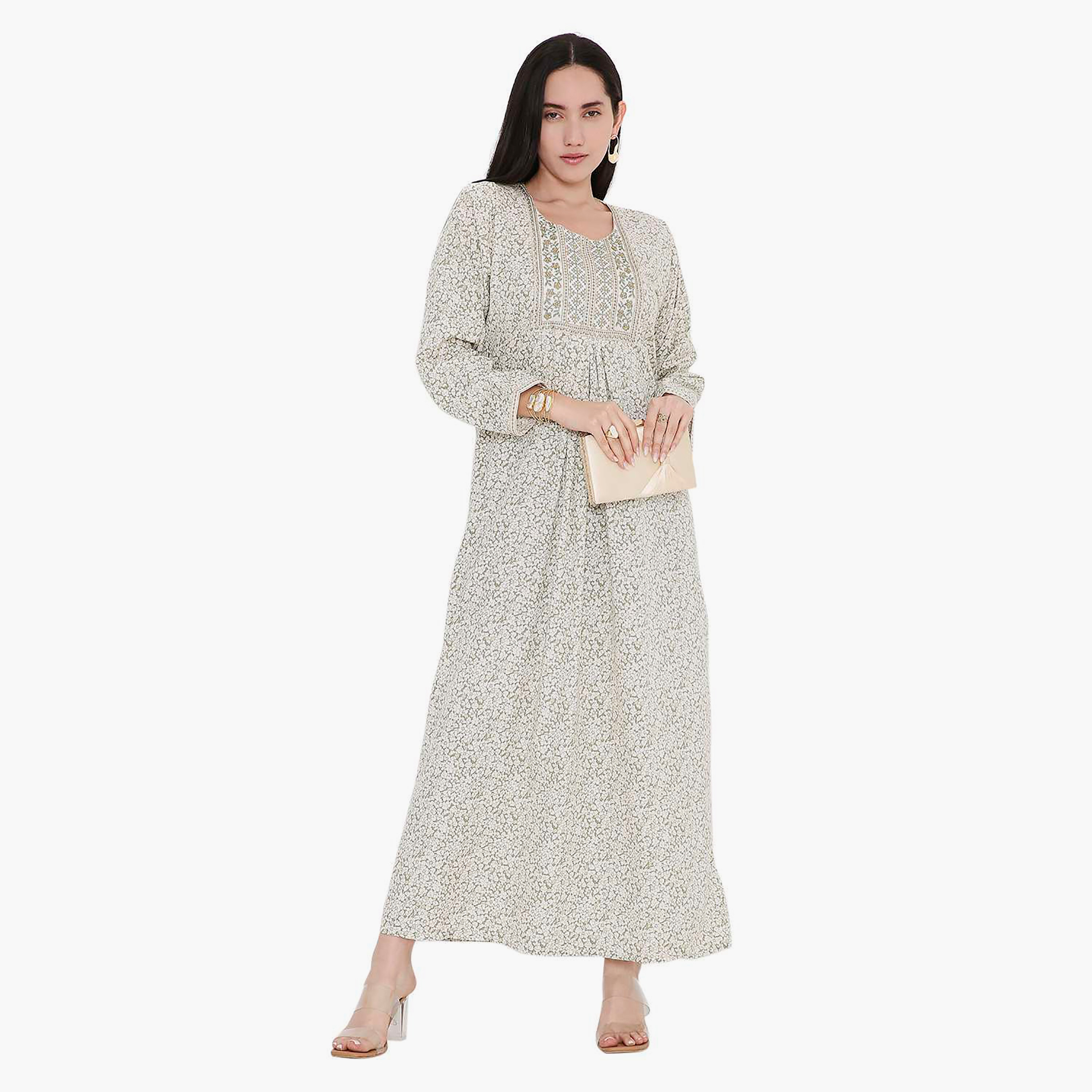 جلابية بطبعات الأزهار الكاملة والتطريز على الياقة من هانا اند سارة-women-arabicclothing-jalabiyas-image-6