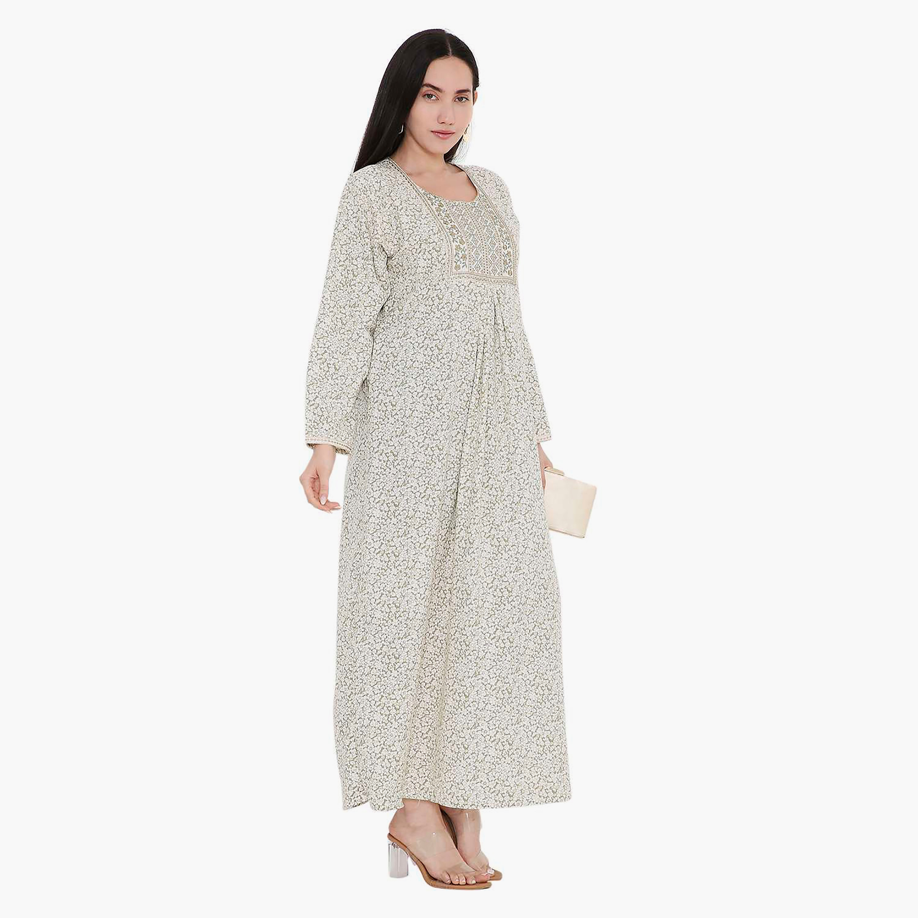 جلابية بطبعات الأزهار الكاملة والتطريز على الياقة من هانا اند سارة-women-arabicclothing-jalabiyas-image-7