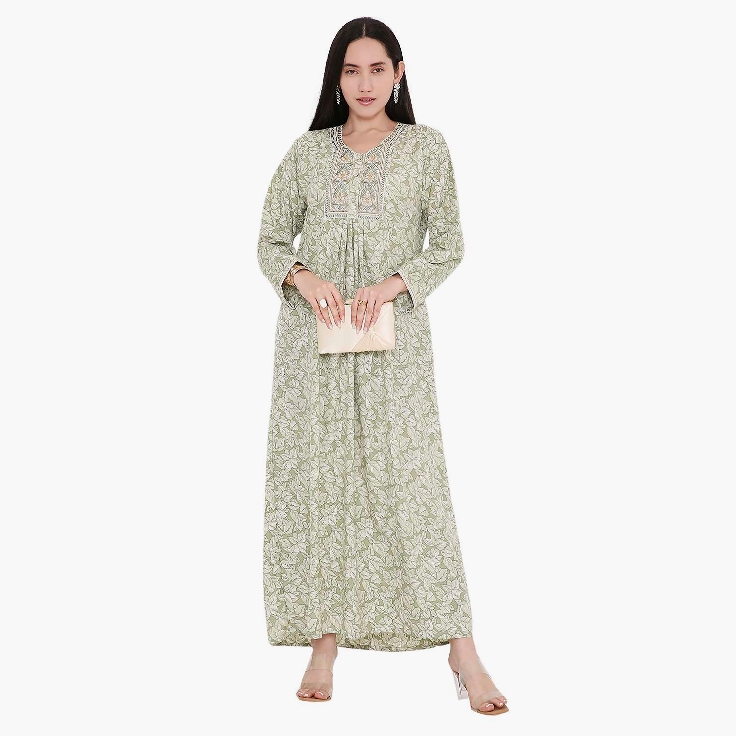 Hana & Sara All Over Print and Embroidered Yoke Jalabiya-women-arabicclothing-jalabiyas-image-1