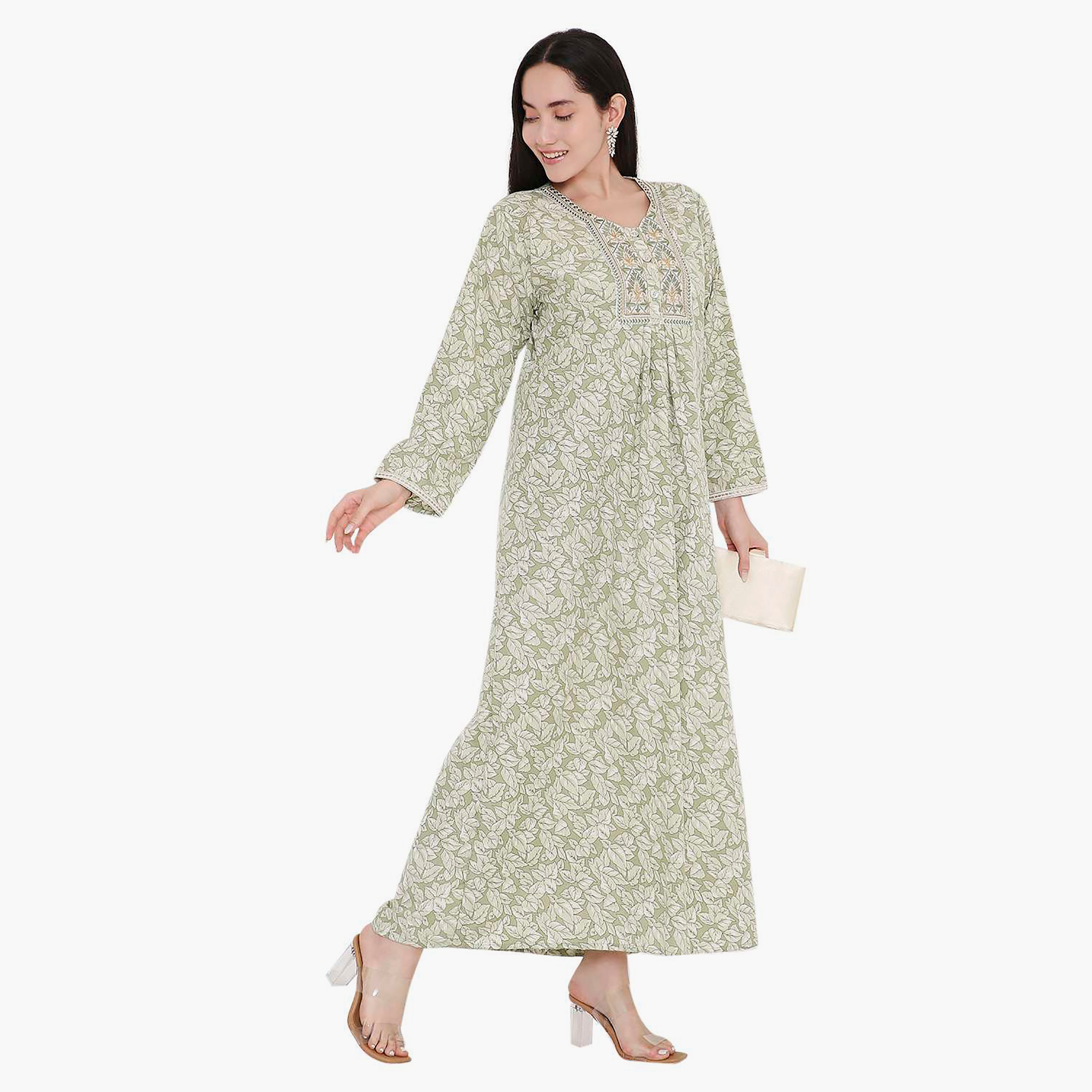 Hana & Sara All Over Print and Embroidered Yoke Jalabiya-women-arabicclothing-jalabiyas-image-2