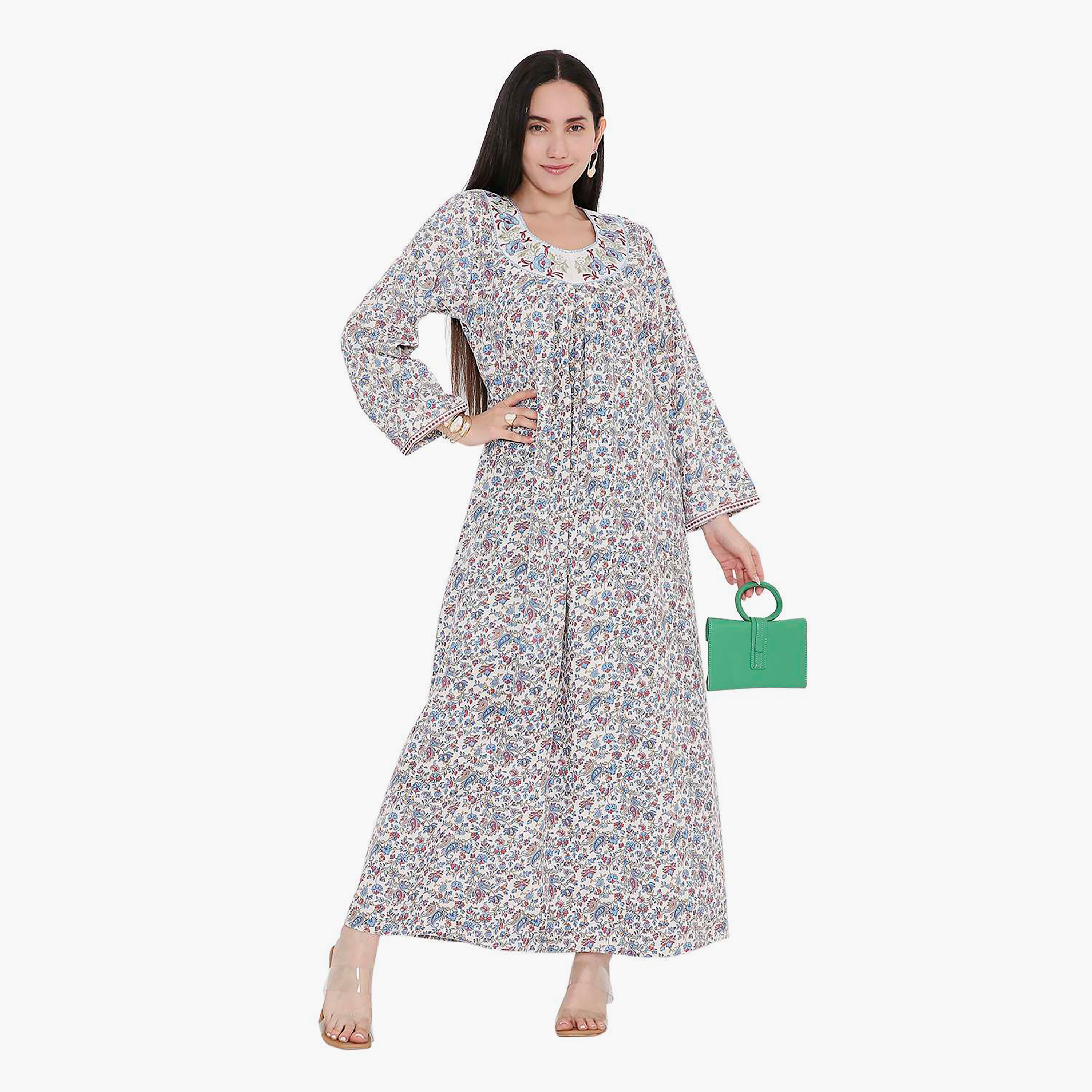 Hana & Sara All Over Print and Floral Embroidered Jalabiya-women-arabicclothing-jalabiyas-image-1
