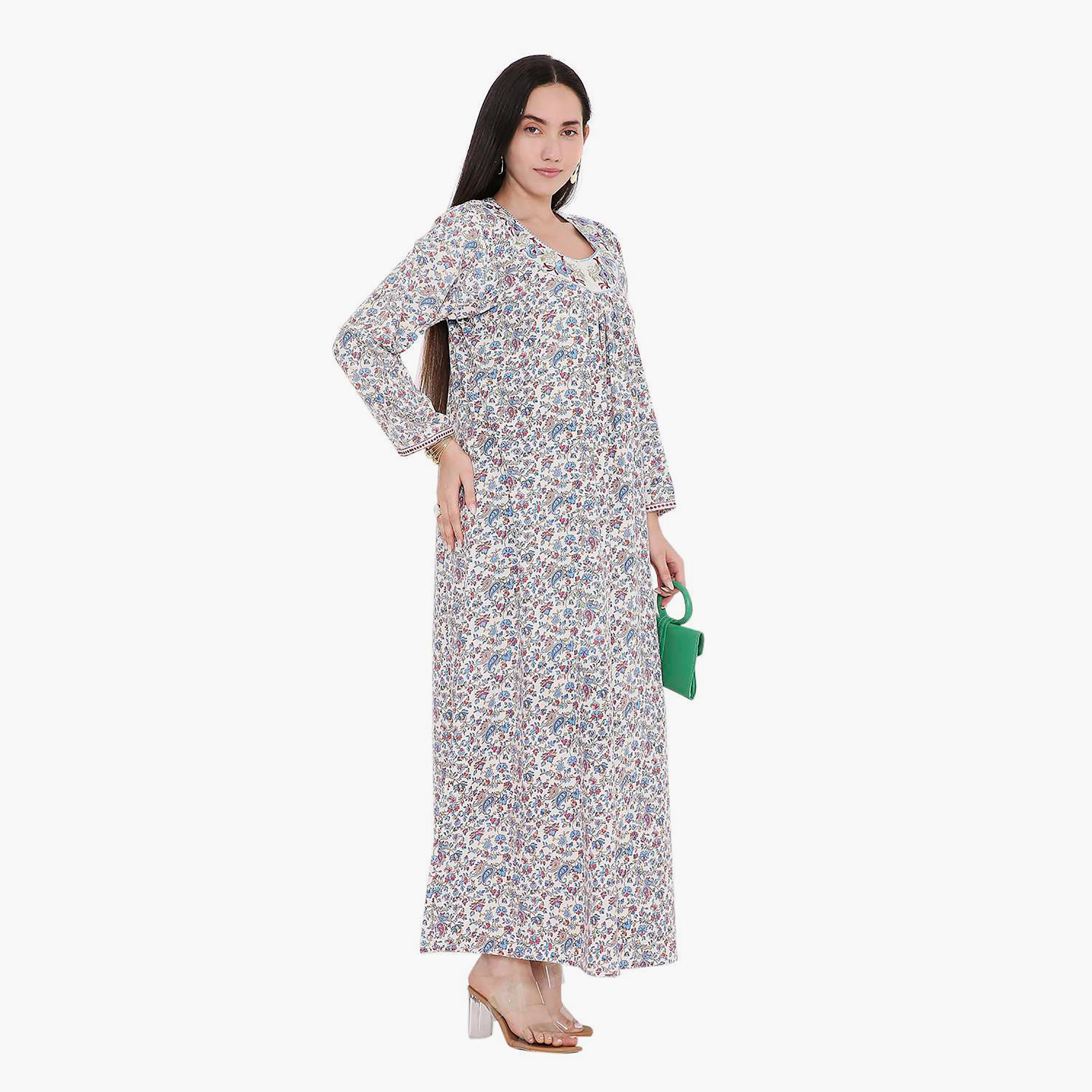Hana & Sara All Over Print and Floral Embroidered Jalabiya-women-arabicclothing-jalabiyas-image-2
