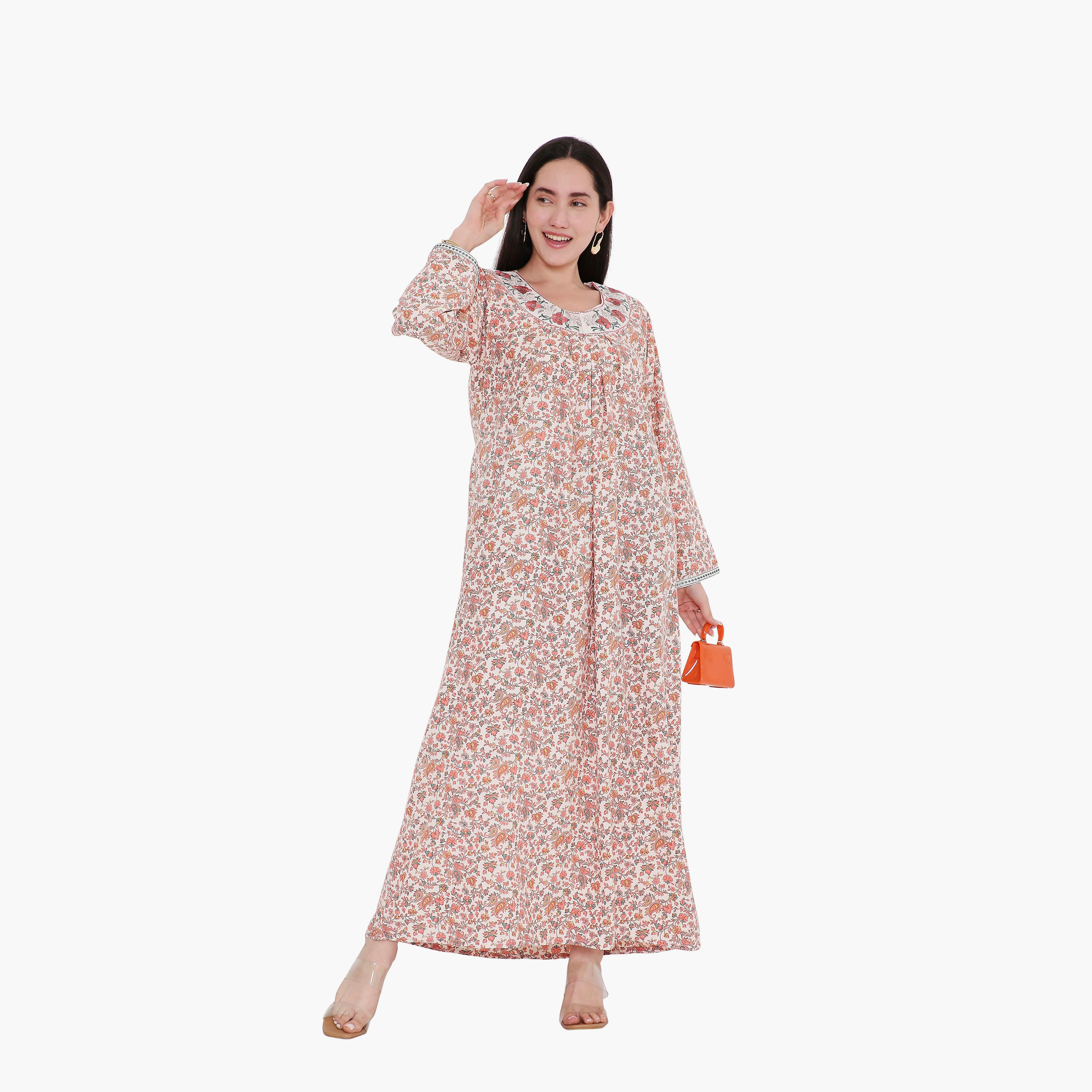 Hana & Sara All Over Print and Floral Embroidered Jalabiya-women-arabicclothing-jalabiyas-image-1
