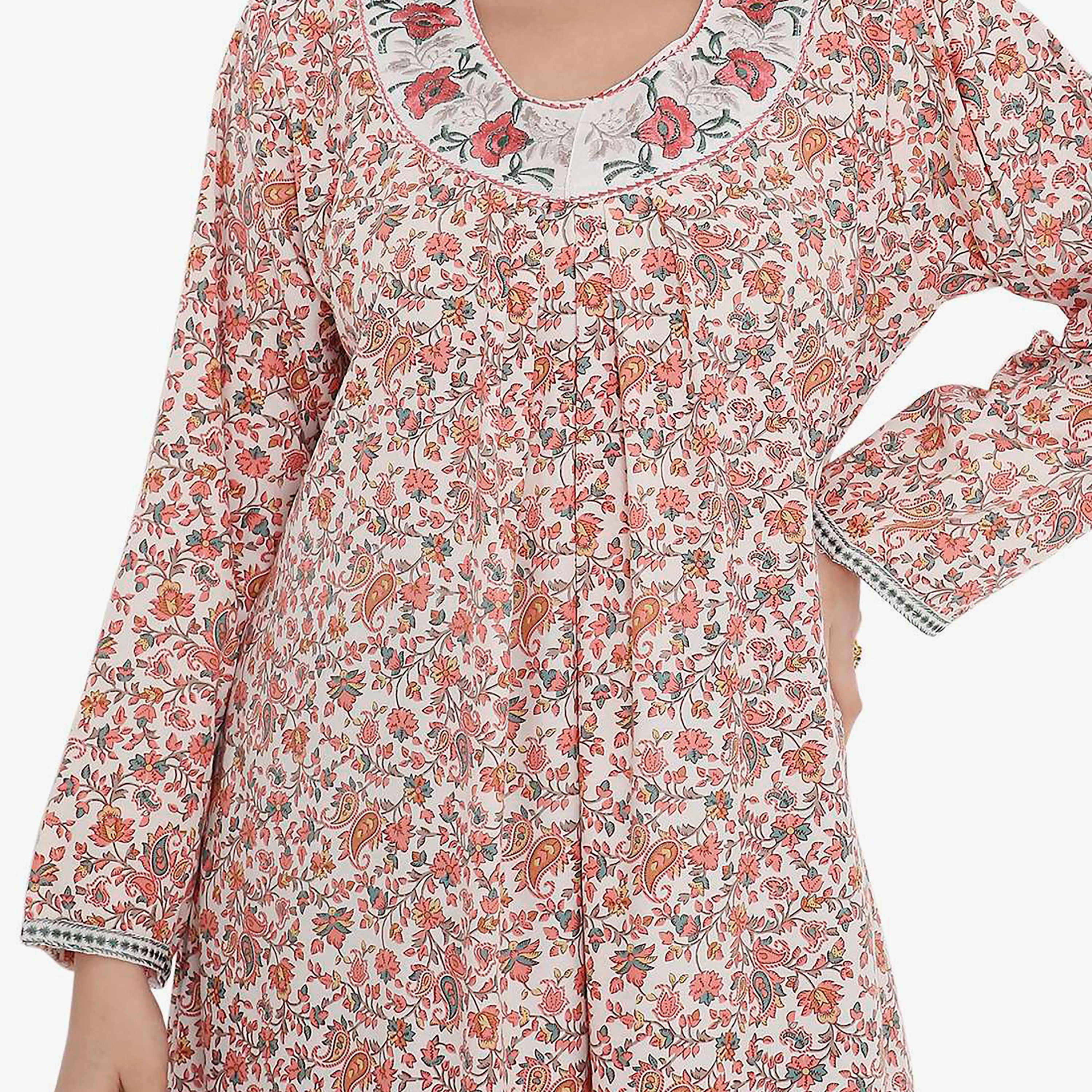 Hana & Sara All Over Print and Floral Embroidered Jalabiya-women-arabicclothing-jalabiyas-image-3