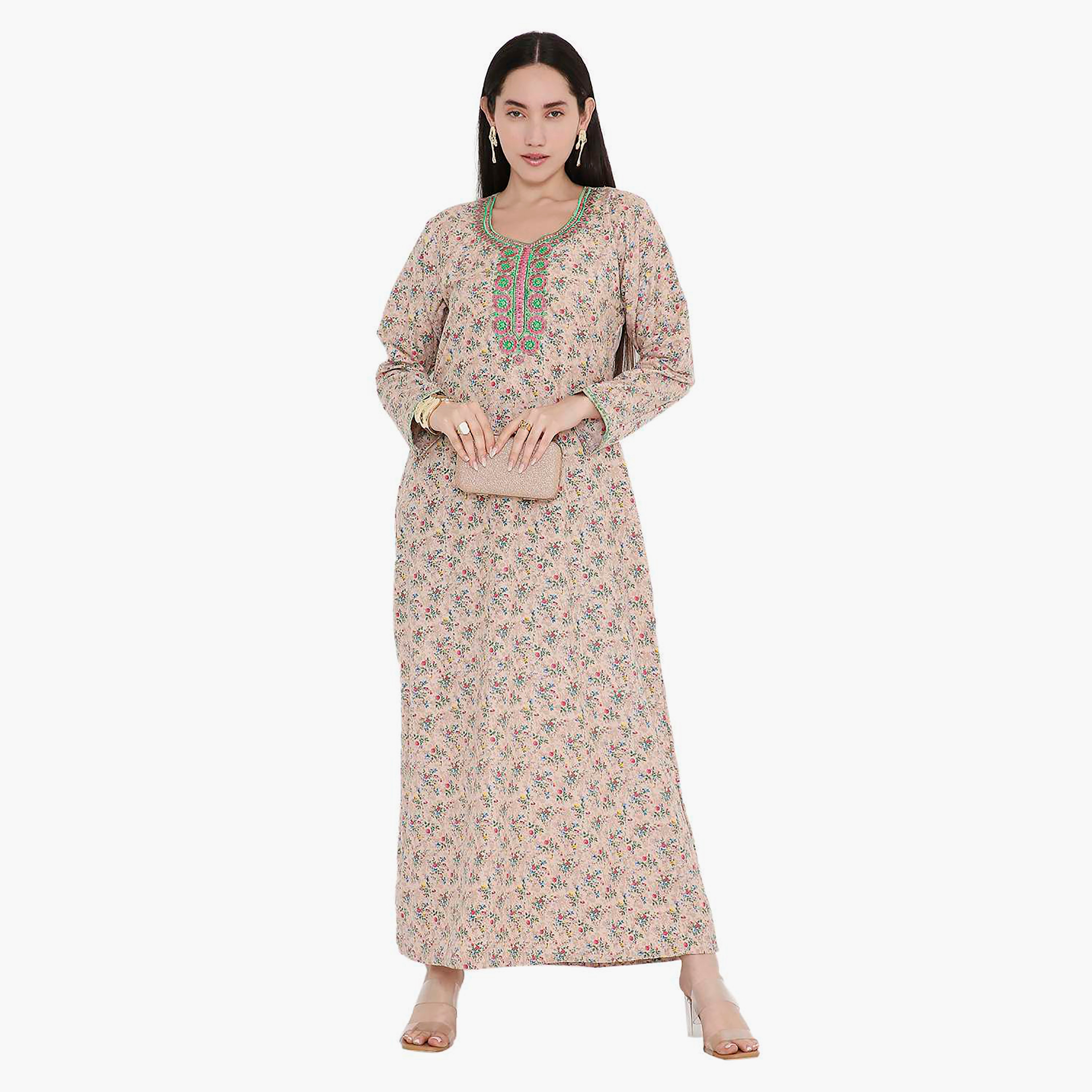 جلابية بطبعات زهور ومطرزة من هانا اند سارة-women-arabicclothing-jalabiyas-image-1
