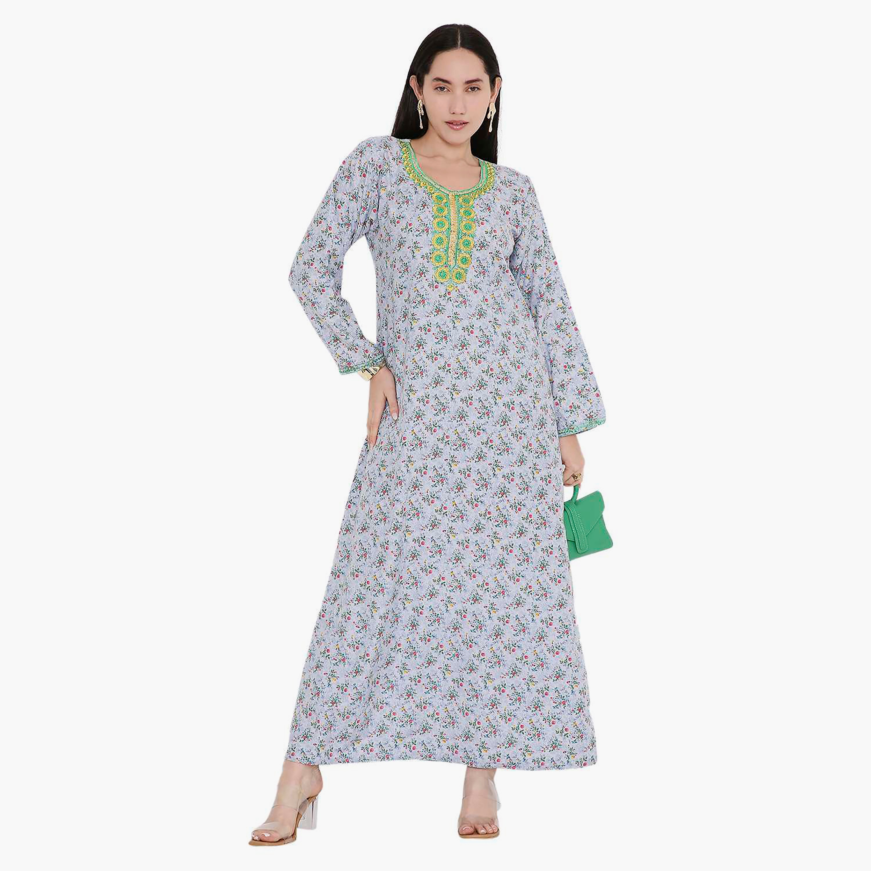 جلابية بطبعات زهور ومطرزة من هانا اند سارة-women-arabicclothing-jalabiyas-image-1