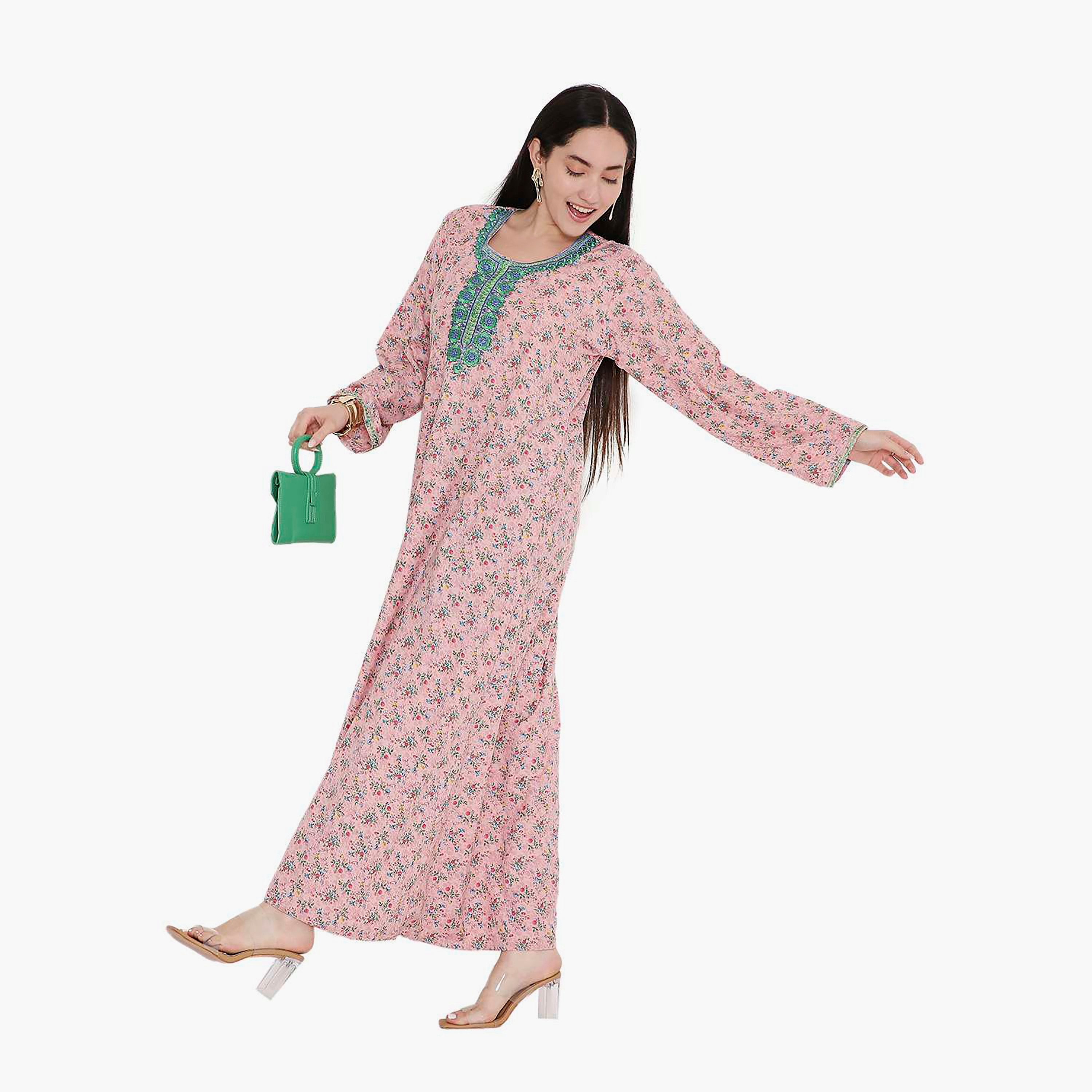 جلابية بطبعات زهور ومطرزة من هانا اند سارة-women-arabicclothing-jalabiyas-image-4
