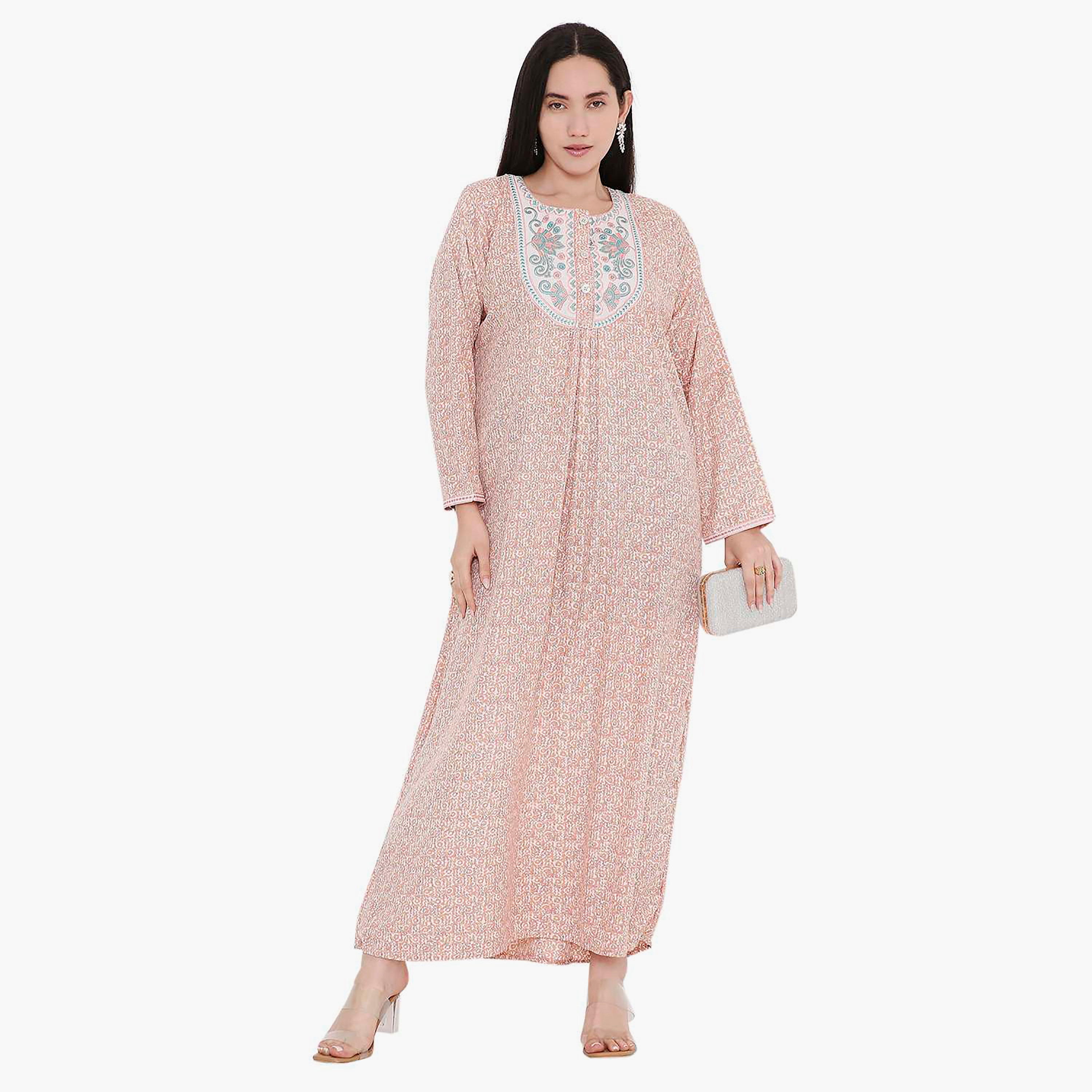 جلابية بطبعات كاملة وتطريز على الياقة من هانا اند سارة-women-arabicclothing-jalabiyas-image-1