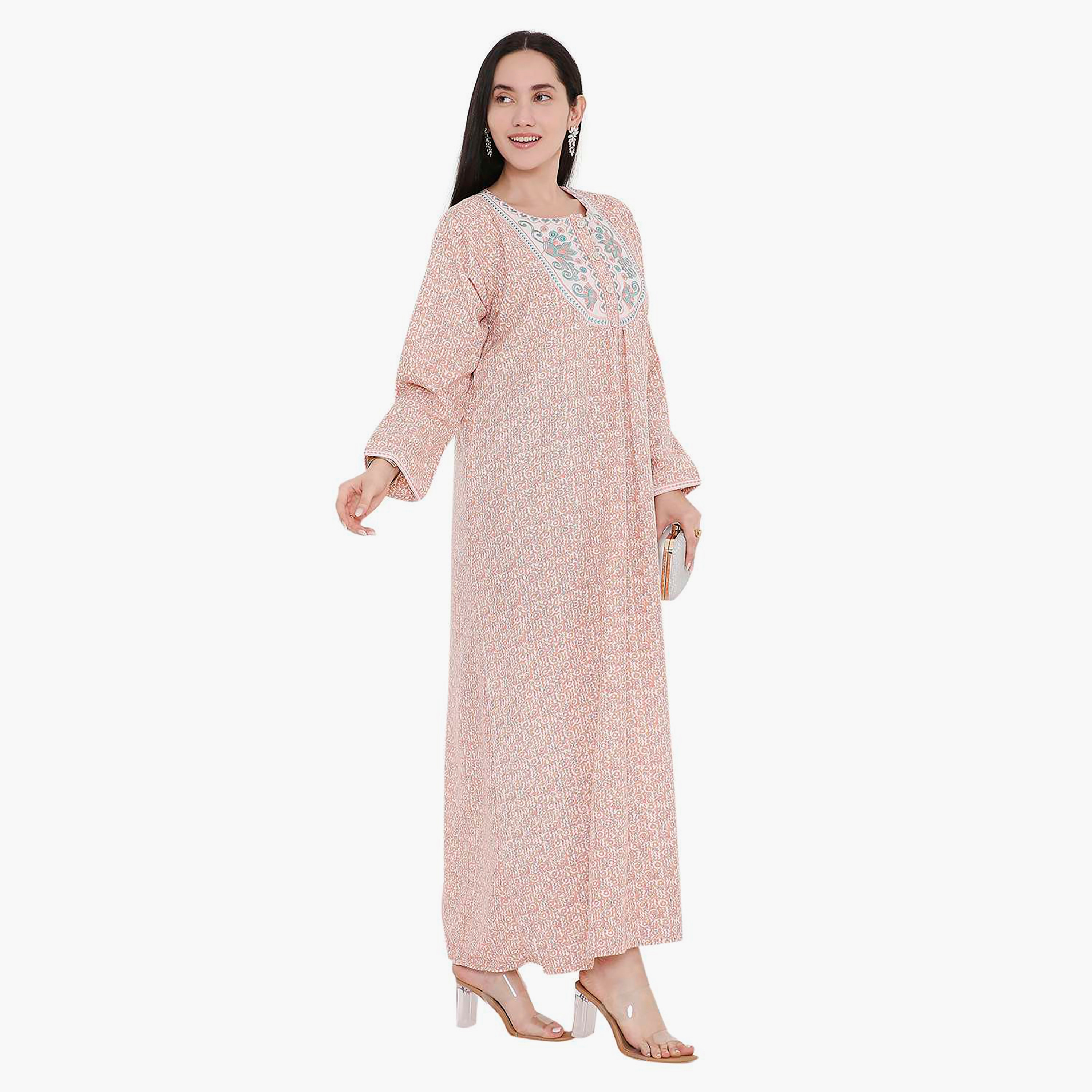 جلابية بطبعات كاملة وتطريز على الياقة من هانا اند سارة-women-arabicclothing-jalabiyas-image-2