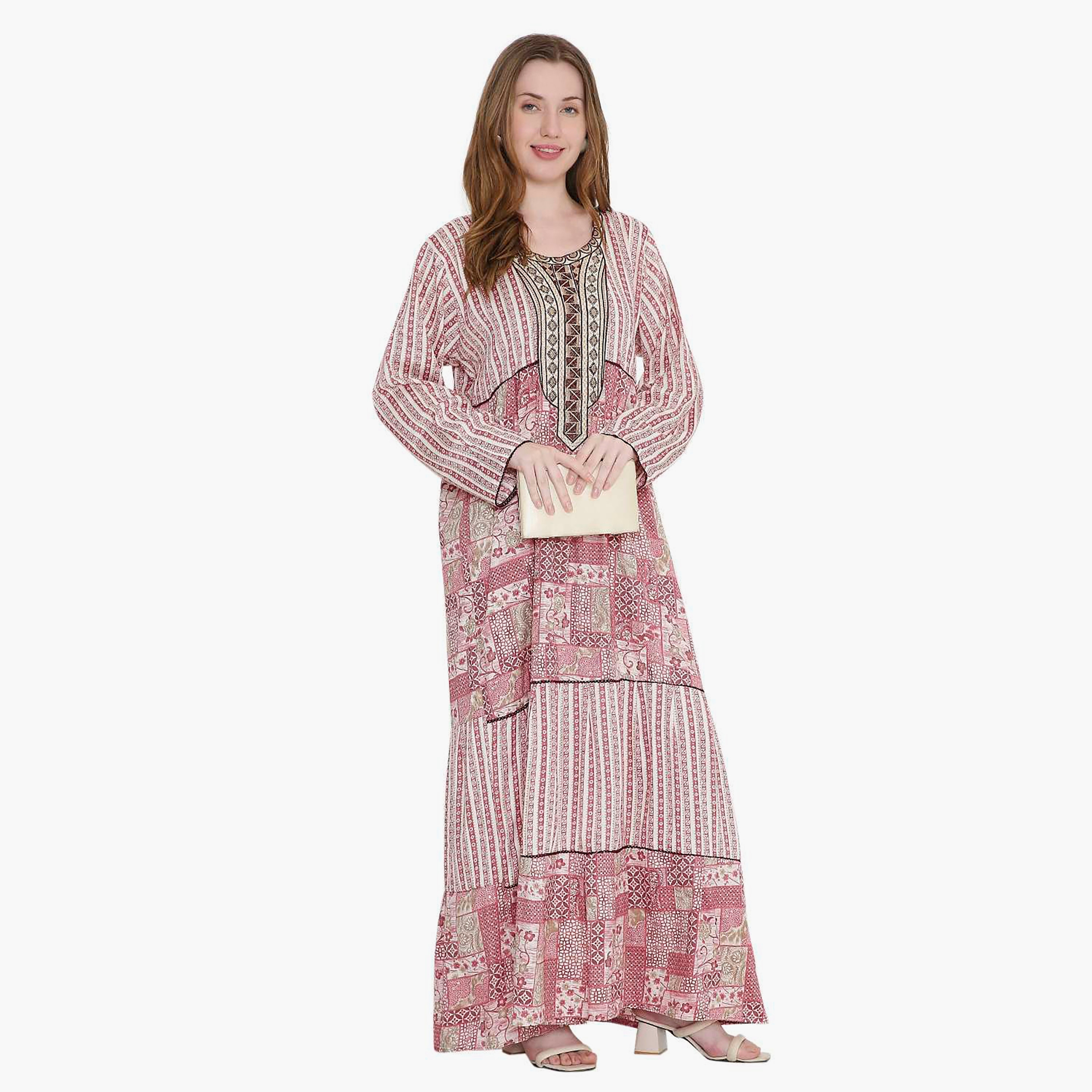 HanaandSara Geometric Print and Embroidered Yoke Women's Jalabiya-women-arabicclothing-jalabiyas-image-1
