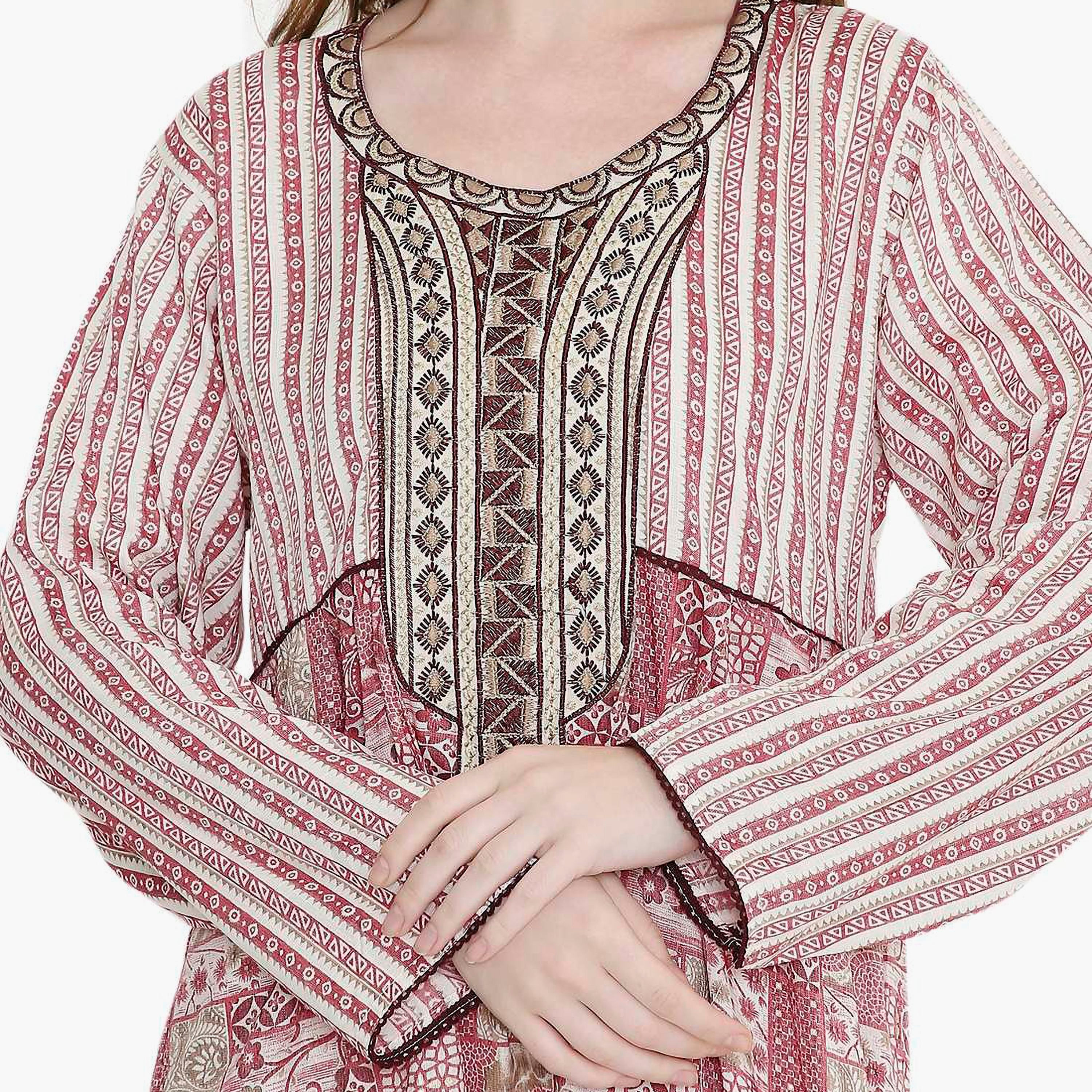 HanaandSara Geometric Print and Embroidered Yoke Women's Jalabiya-women-arabicclothing-jalabiyas-image-2