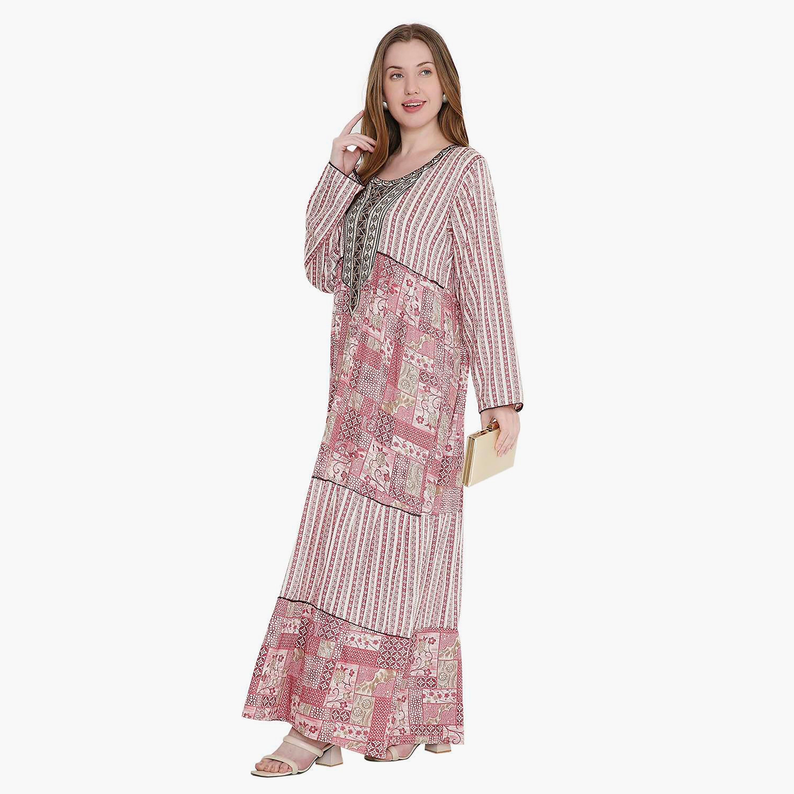 HanaandSara Geometric Print and Embroidered Yoke Women's Jalabiya-women-arabicclothing-jalabiyas-image-3