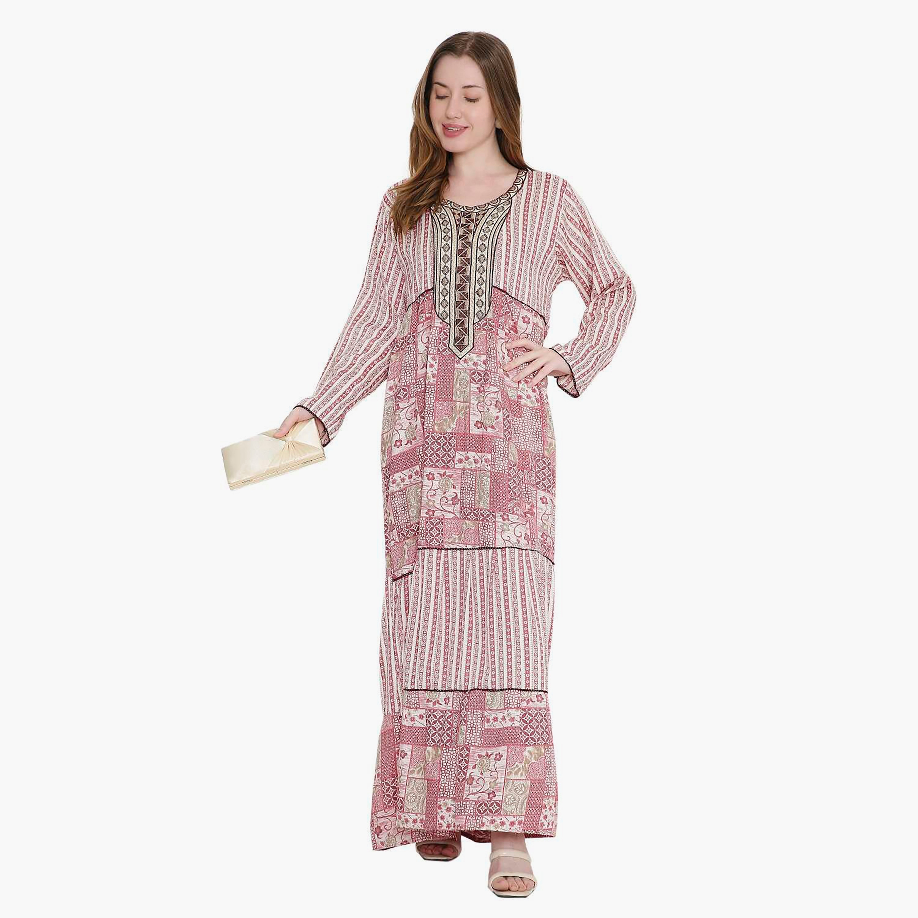 HanaandSara Geometric Print and Embroidered Yoke Women's Jalabiya-women-arabicclothing-jalabiyas-image-4