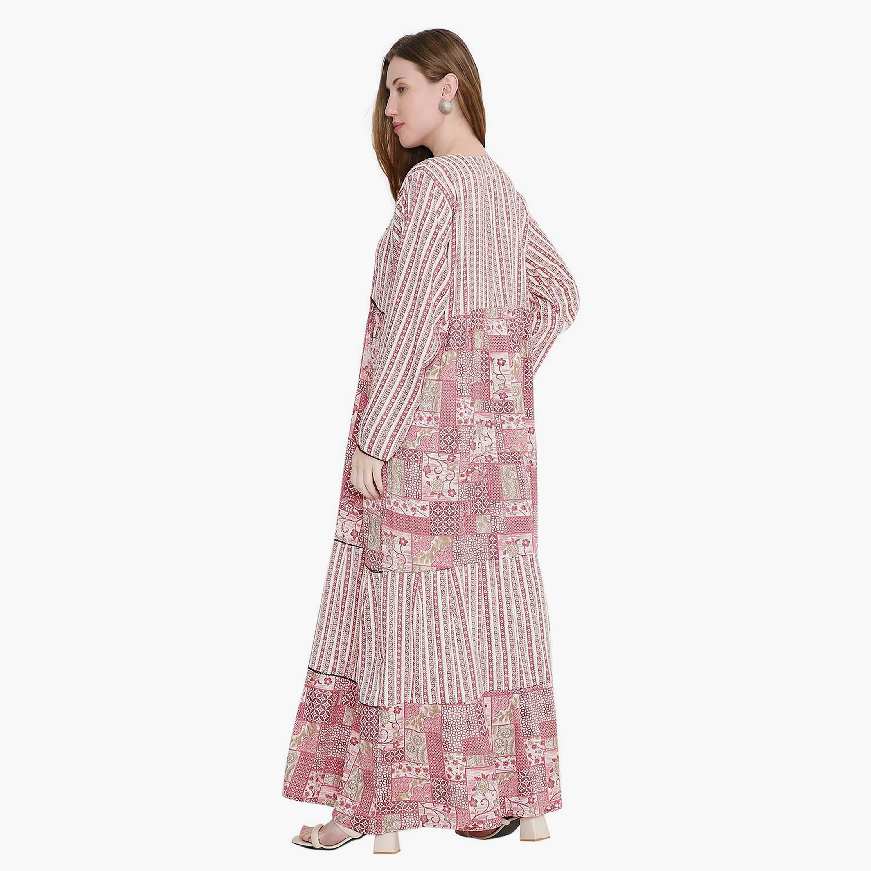 HanaandSara Geometric Print and Embroidered Yoke Women's Jalabiya-women-arabicclothing-jalabiyas-image-5