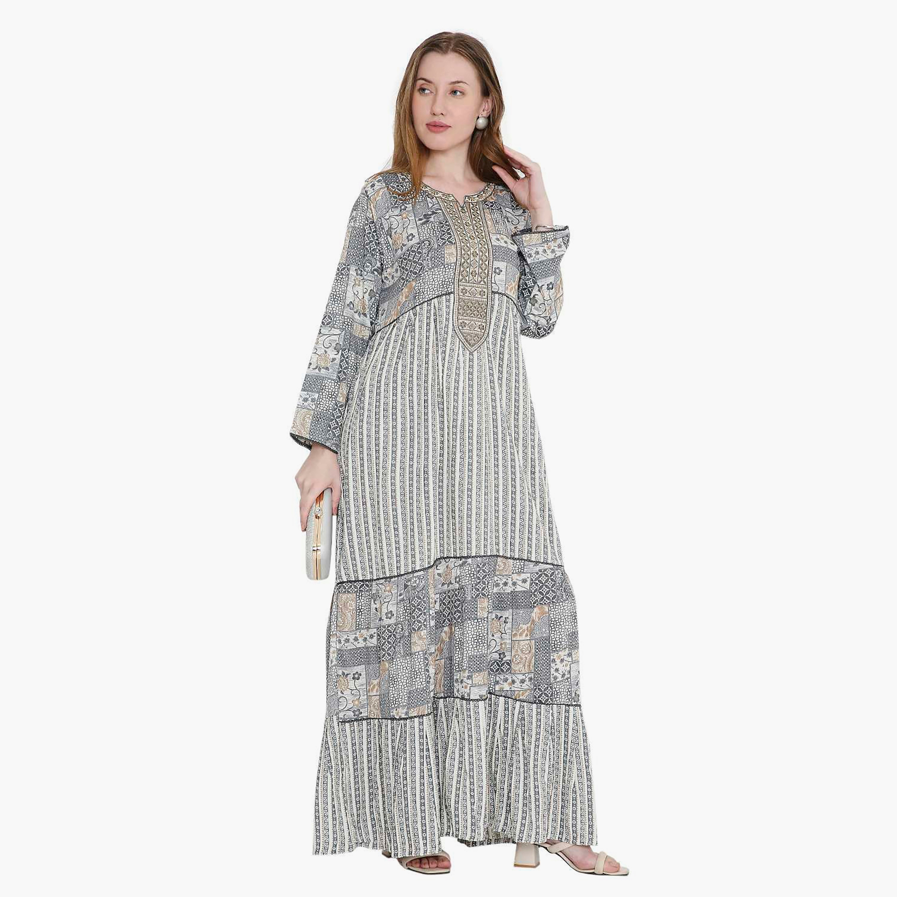 جلابية نسائية بطبعة هندسية ومطرزة من هانا اند سارة-women-arabicclothing-jalabiyas-image-6
