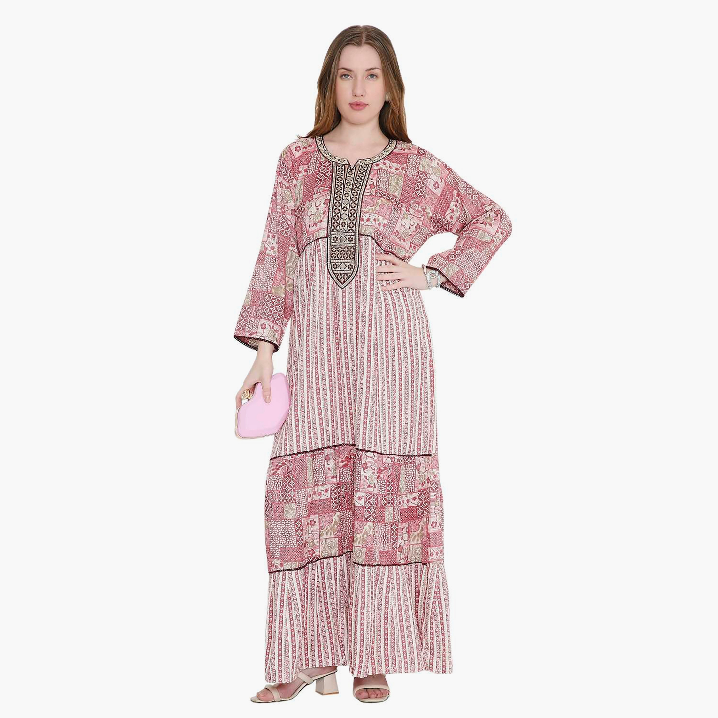 جلابية نسائية بطبعة هندسية ومطرزة من هانا اند سارة-women-arabicclothing-jalabiyas-image-1