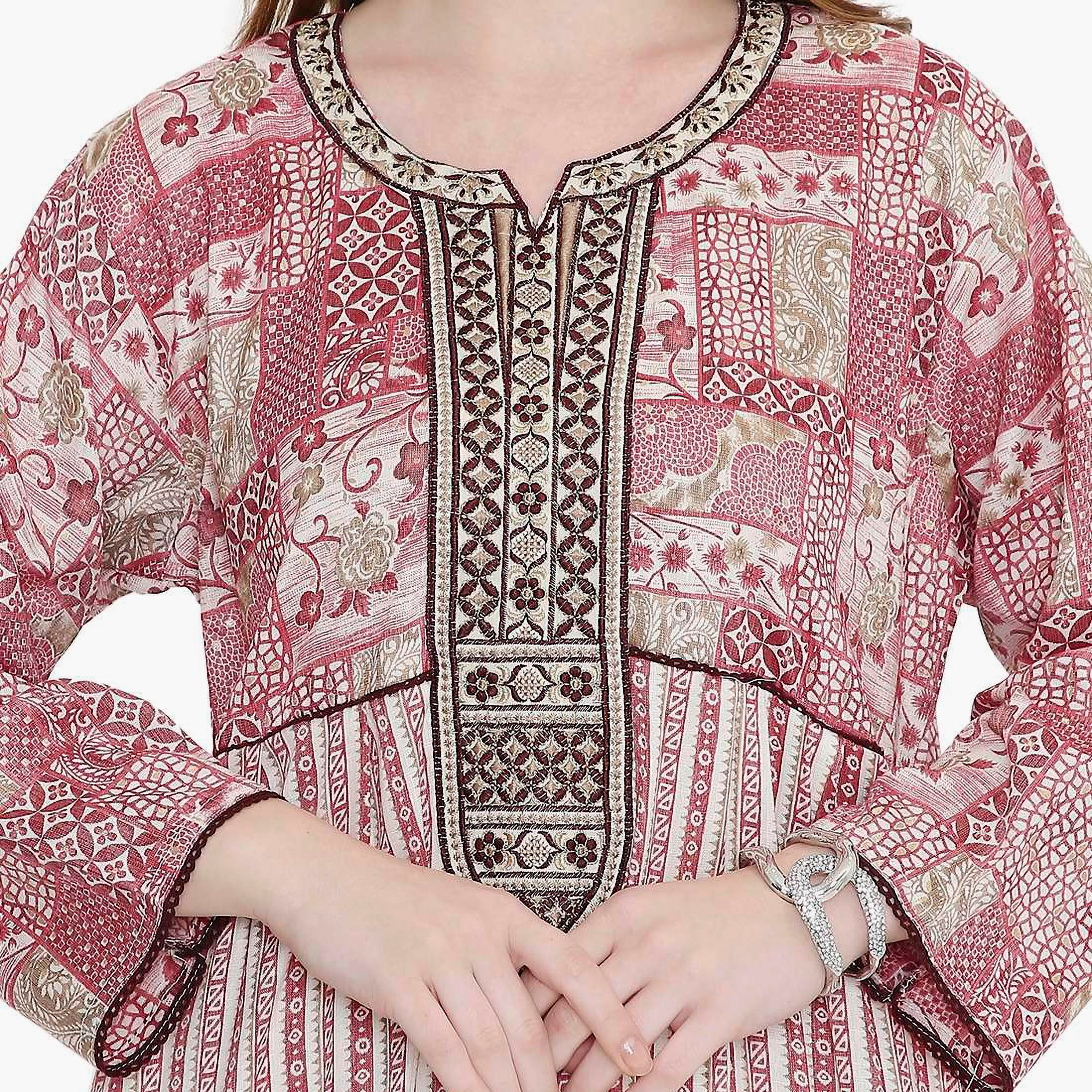 جلابية نسائية بطبعة هندسية ومطرزة من هانا اند سارة-women-arabicclothing-jalabiyas-image-2