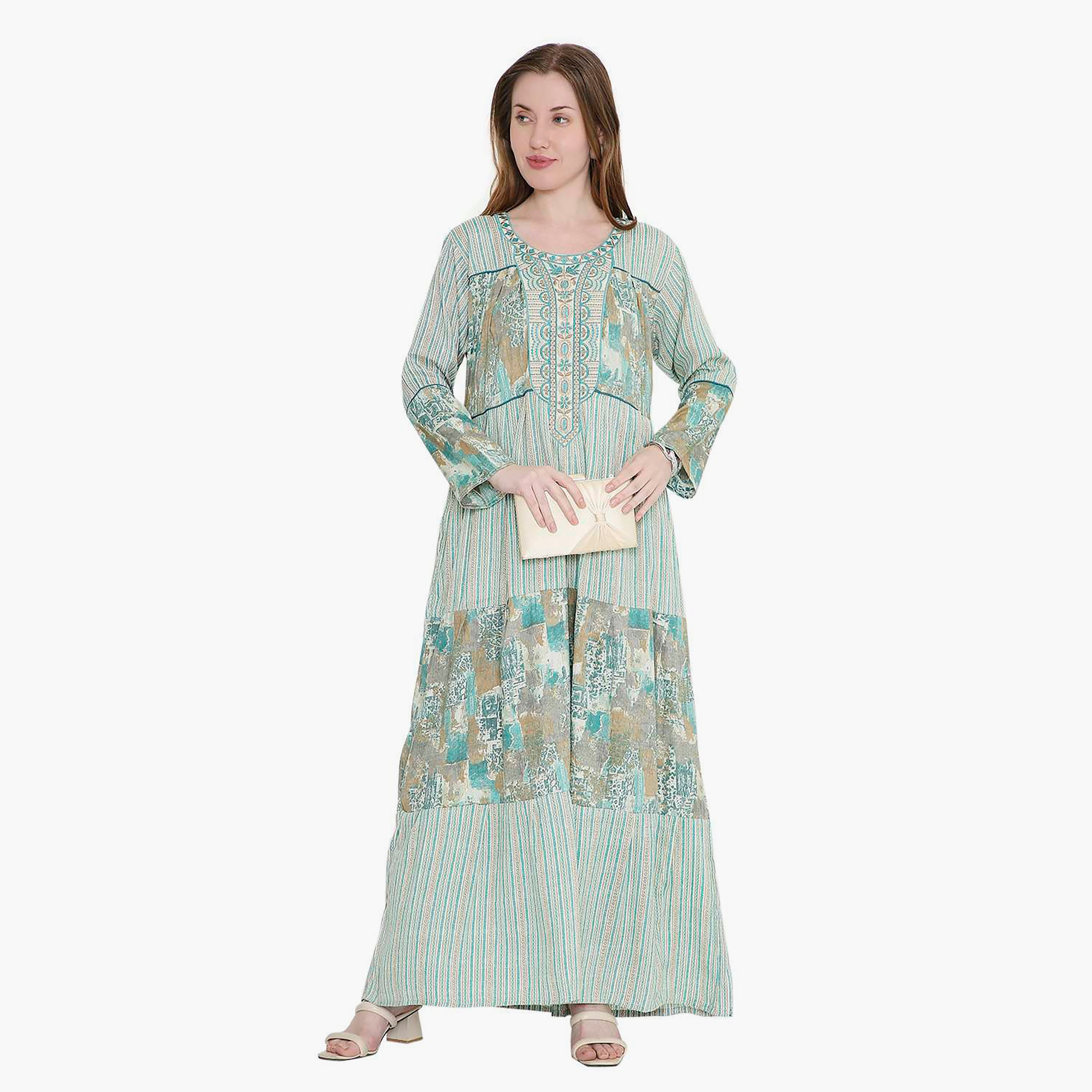 جلابية نسائية بطبعة هندسية ومطرزة من هانا اند سارة-women-arabicclothing-jalabiyas-image-1