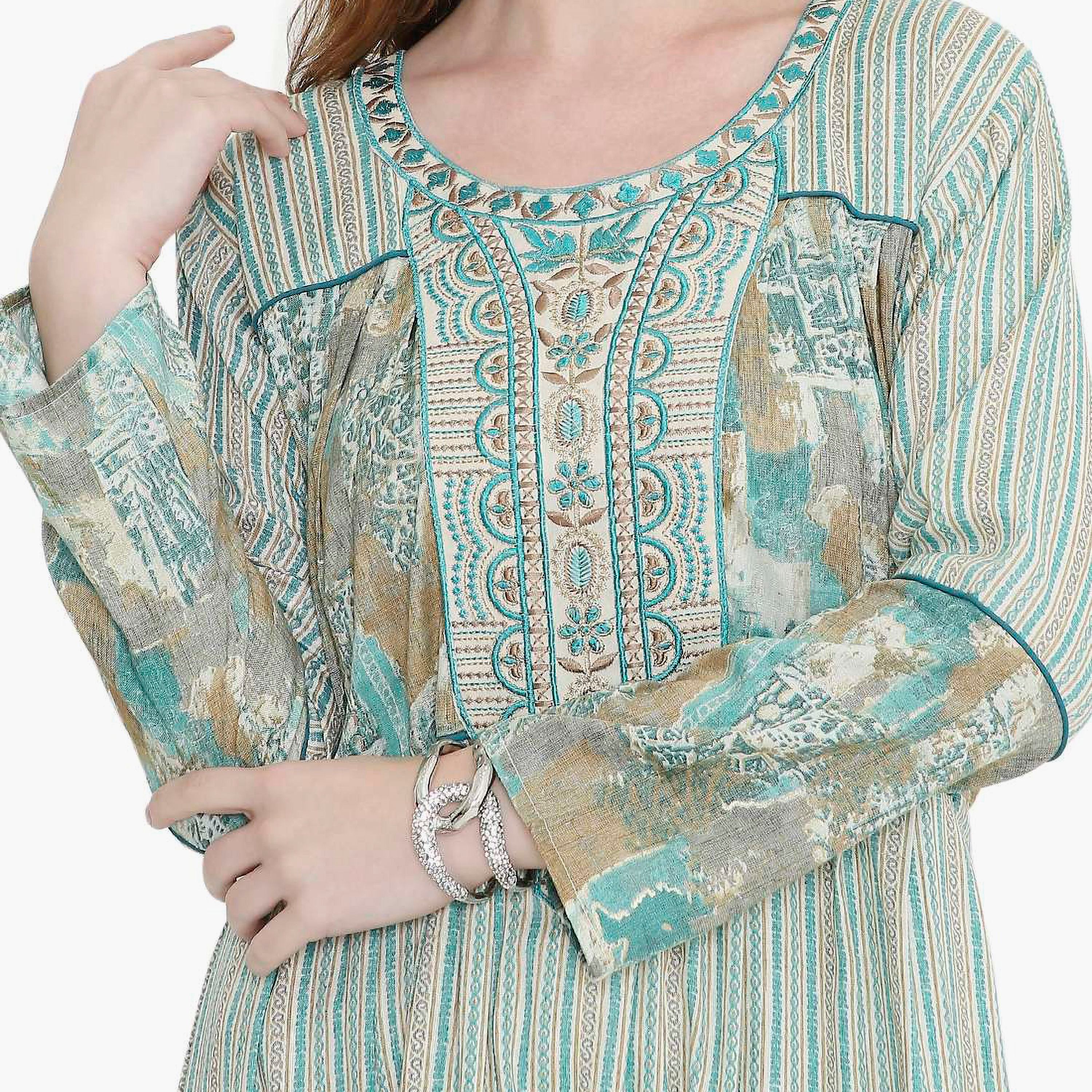 جلابية نسائية بطبعة هندسية ومطرزة من هانا اند سارة-women-arabicclothing-jalabiyas-image-2
