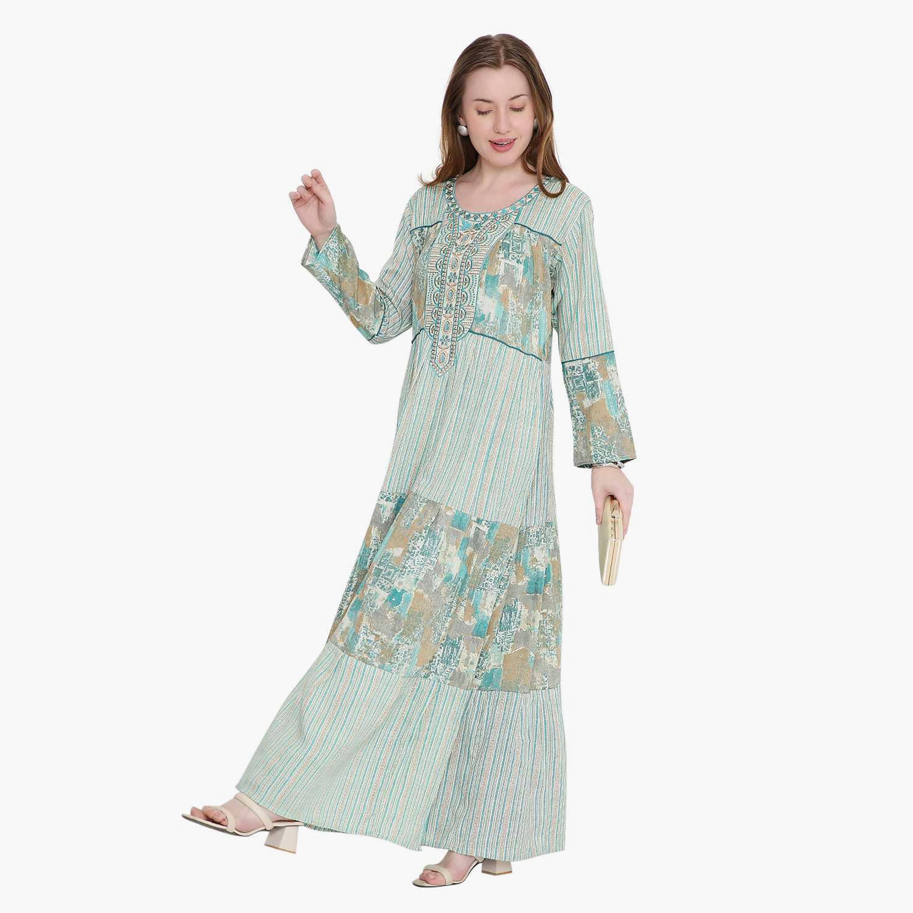 جلابية نسائية بطبعة هندسية ومطرزة من هانا اند سارة-women-arabicclothing-jalabiyas-image-3