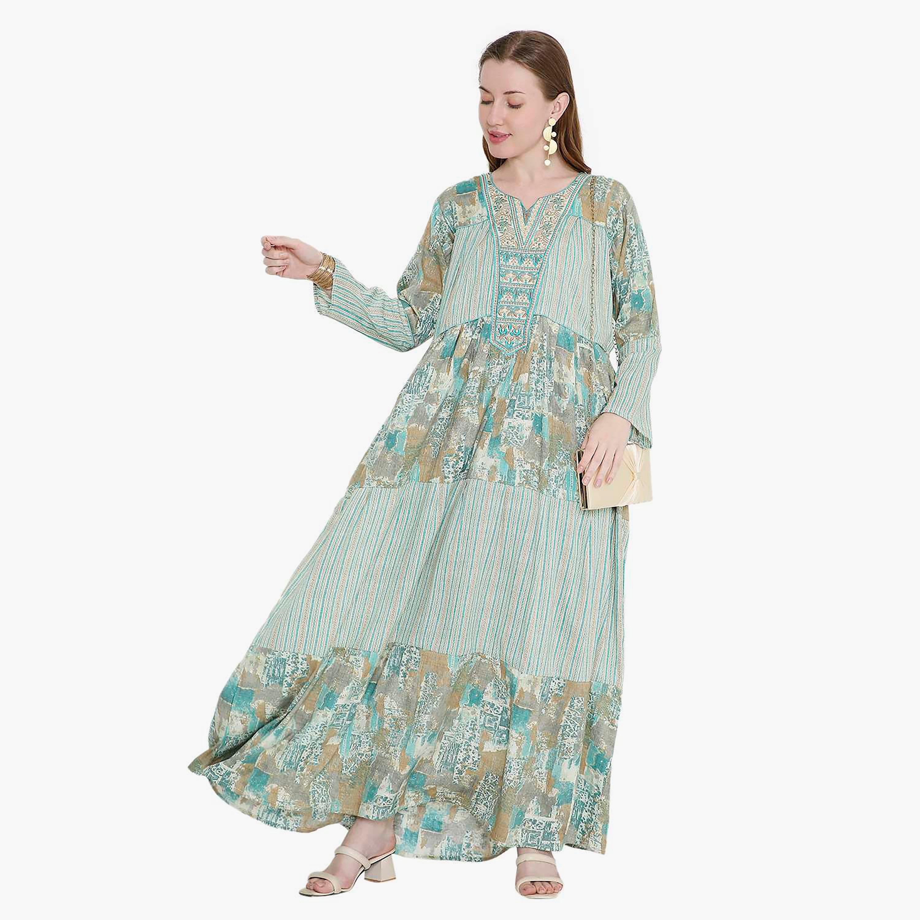 جلابية نسائية بطبعة هندسية ومطرزة من هانا اند سارة-women-arabicclothing-jalabiyas-image-1