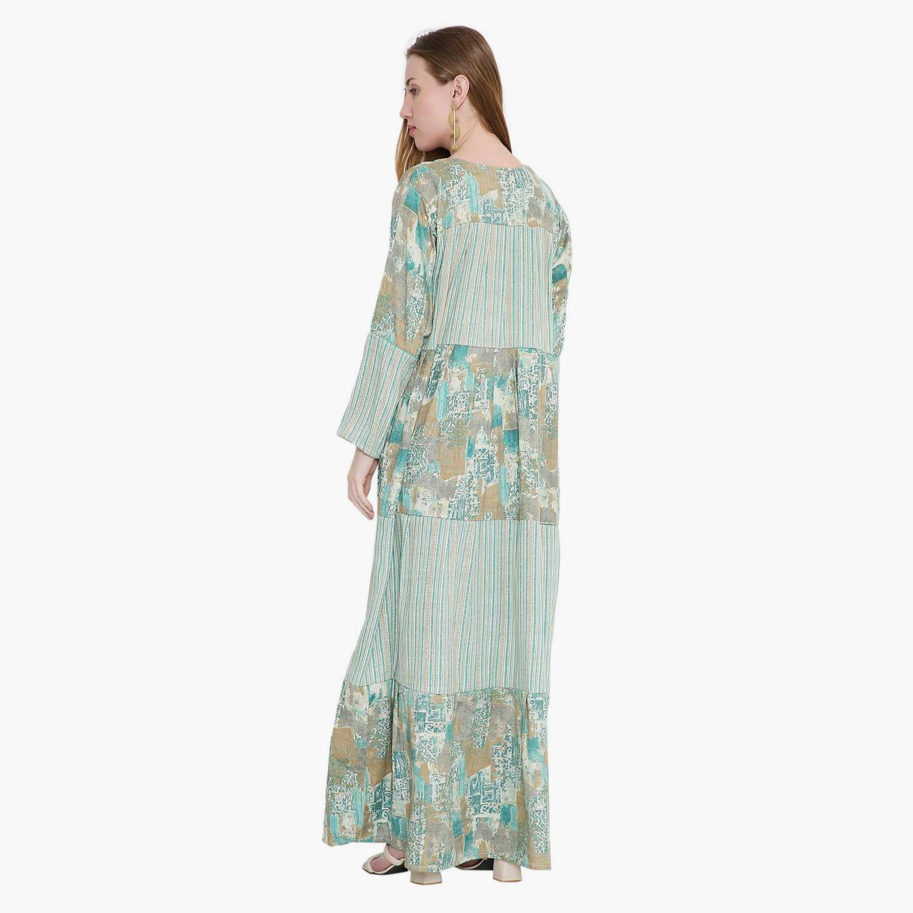HanaandSara Geometric Print and Embroidered Yoke Women's Jalabiya-women-arabicclothing-jalabiyas-image-5