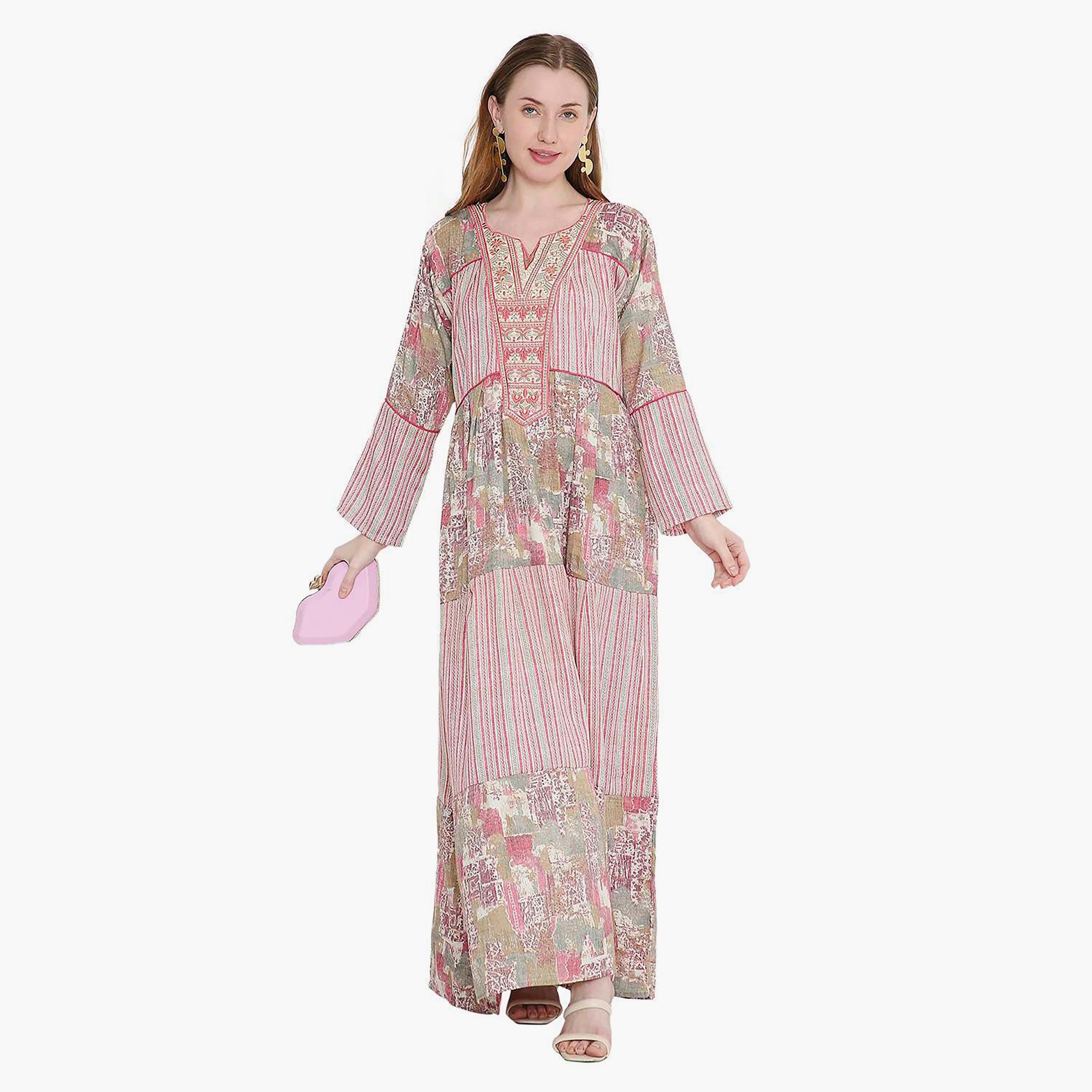 HanaandSara Geometric Print and Embroidered Yoke Women's Jalabiya-women-arabicclothing-jalabiyas-image-6