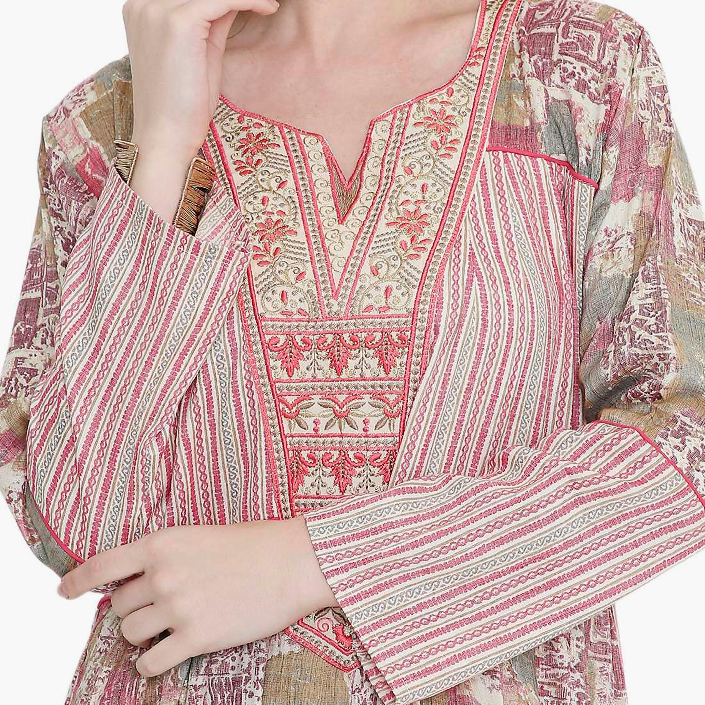 HanaandSara Geometric Print and Embroidered Yoke Women's Jalabiya-women-arabicclothing-jalabiyas-image-7