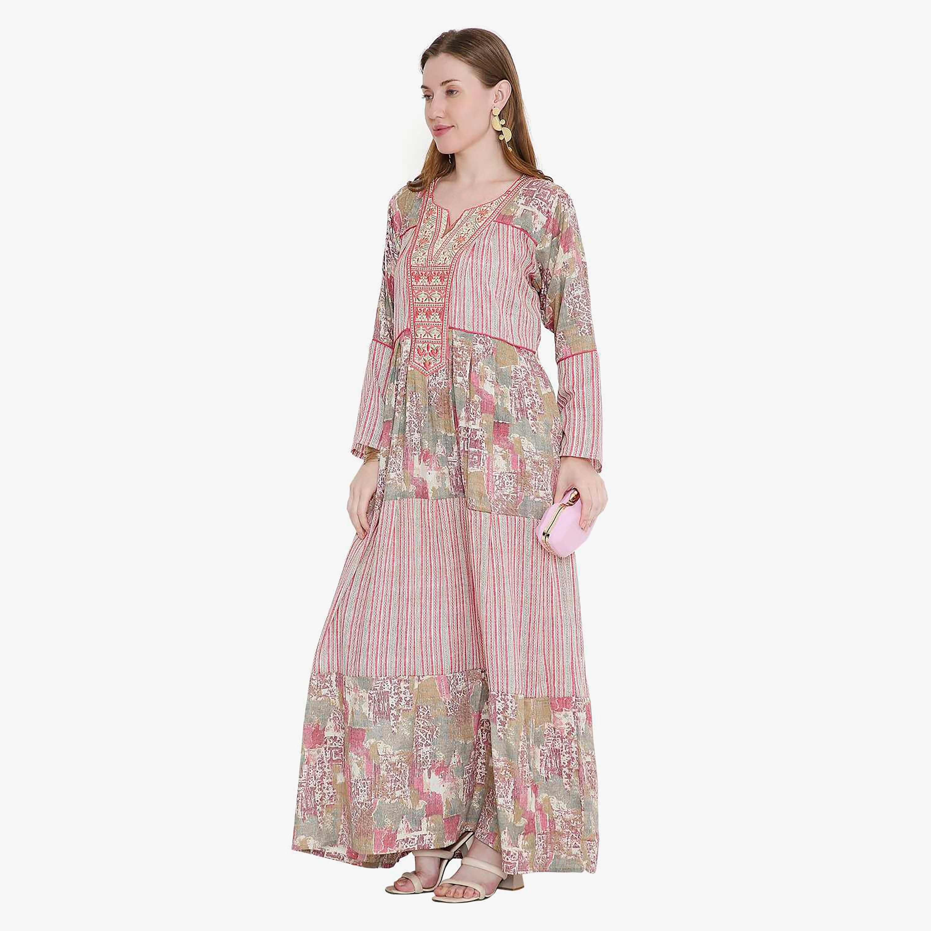 HanaandSara Geometric Print and Embroidered Yoke Women's Jalabiya-women-arabicclothing-jalabiyas-image-8