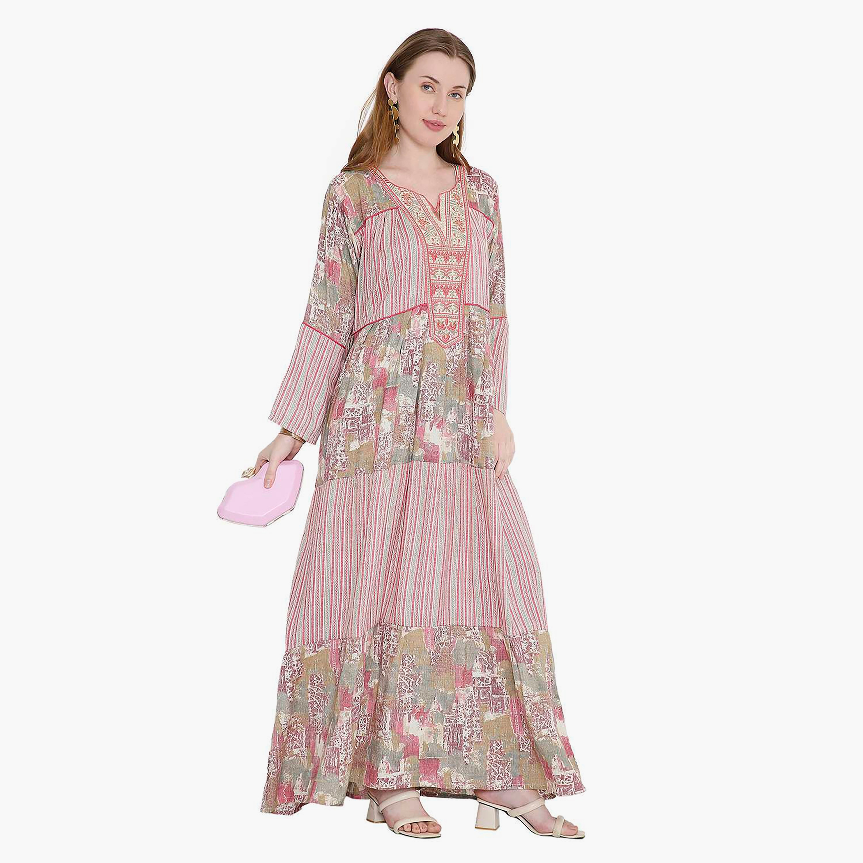 HanaandSara Geometric Print and Embroidered Yoke Women's Jalabiya-women-arabicclothing-jalabiyas-image-9