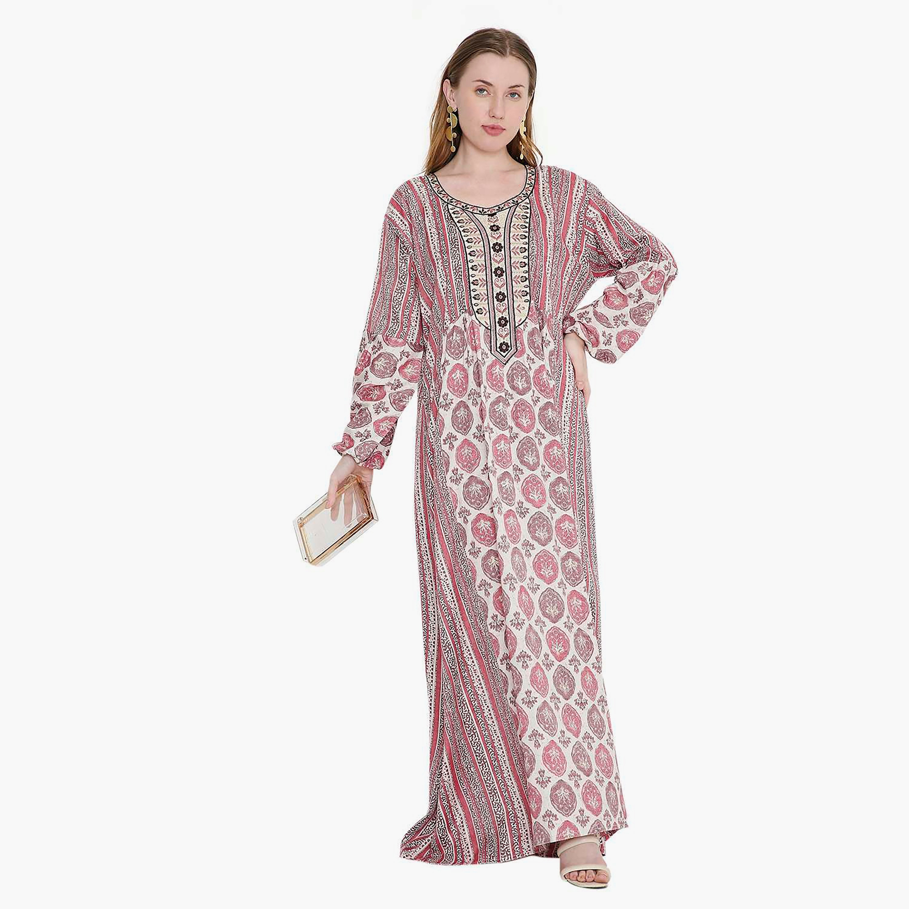 جلابية نسائية بطباعة هندسية وأكمام بالون مطرزة من هانا اند سارة-women-arabicclothing-jalabiyas-image-1