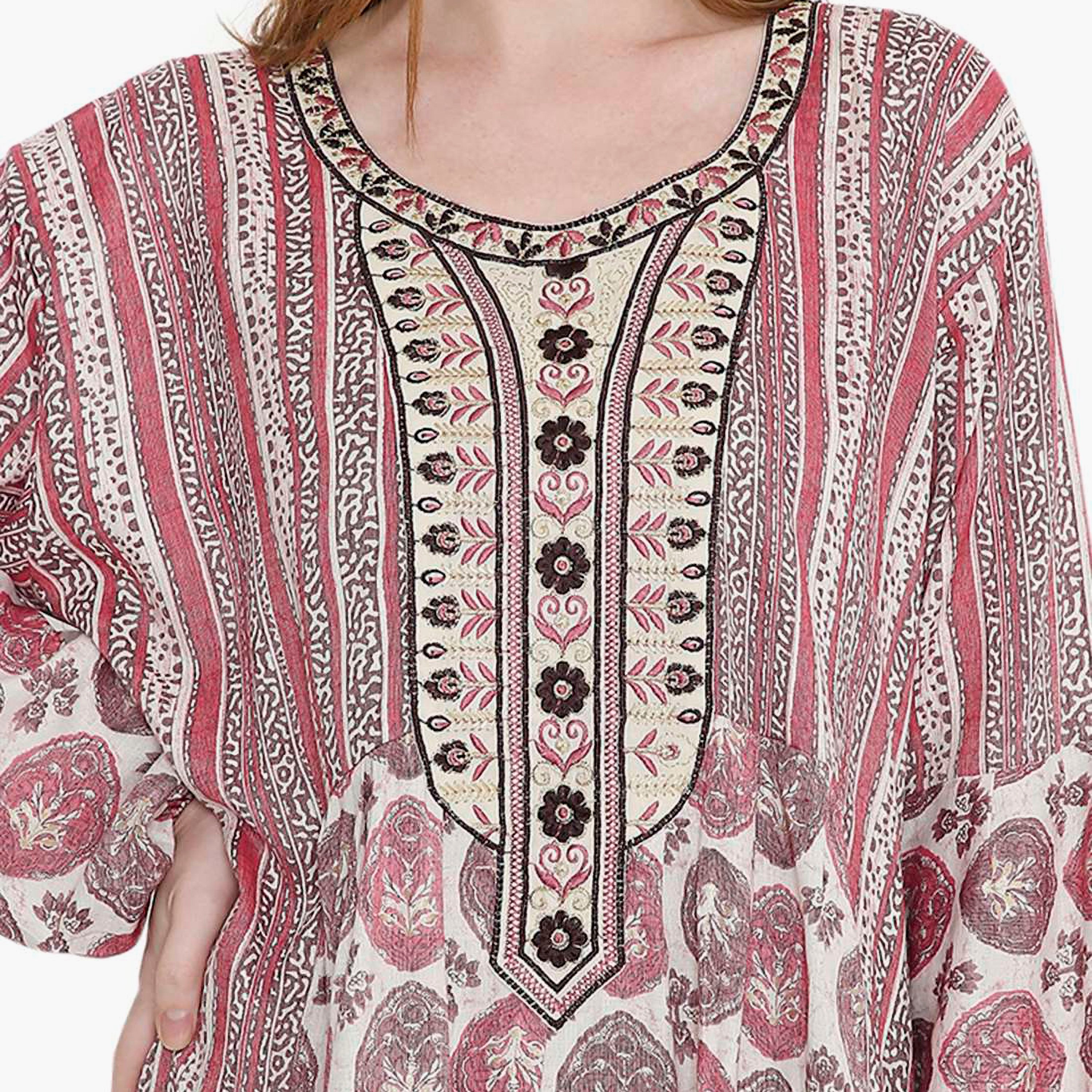 جلابية نسائية بطباعة هندسية وأكمام بالون مطرزة من هانا اند سارة-women-arabicclothing-jalabiyas-image-2