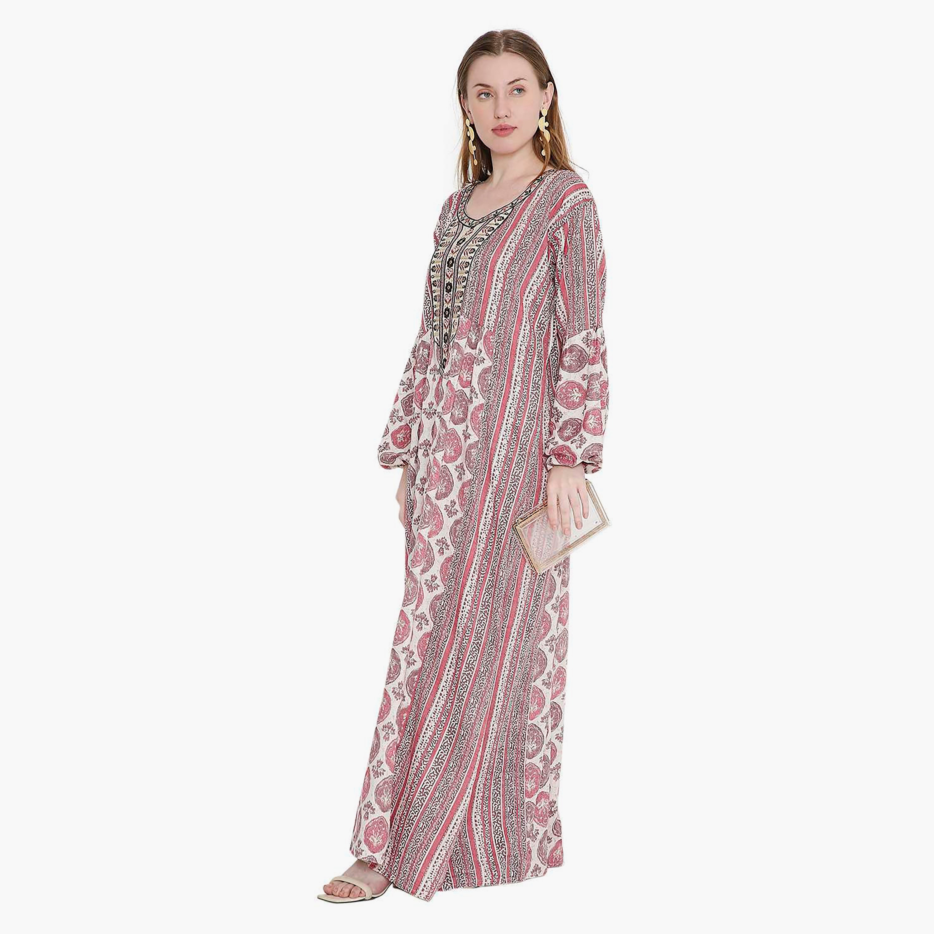 جلابية نسائية بطباعة هندسية وأكمام بالون مطرزة من هانا اند سارة-women-arabicclothing-jalabiyas-image-3