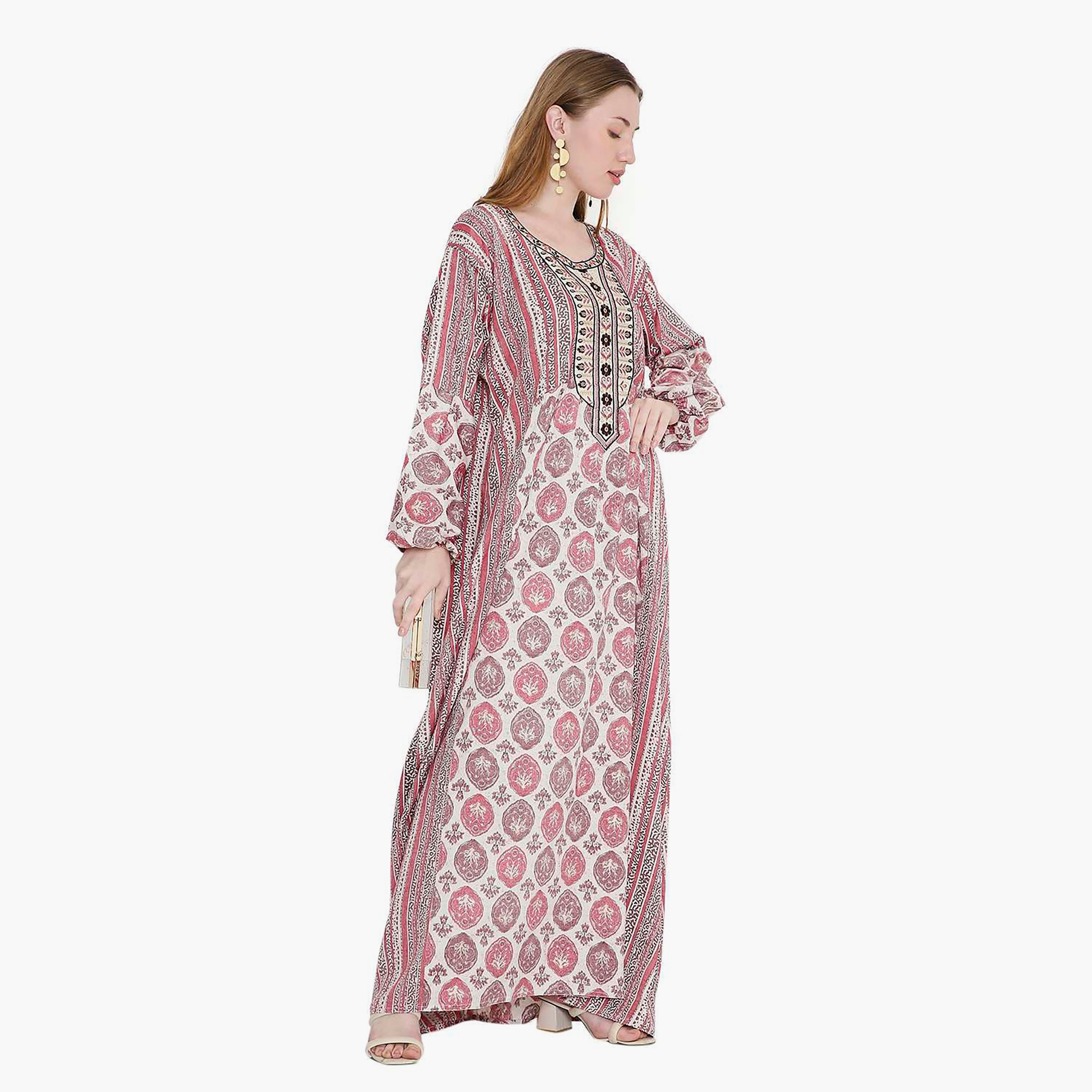 جلابية نسائية بطباعة هندسية وأكمام بالون مطرزة من هانا اند سارة-women-arabicclothing-jalabiyas-image-4