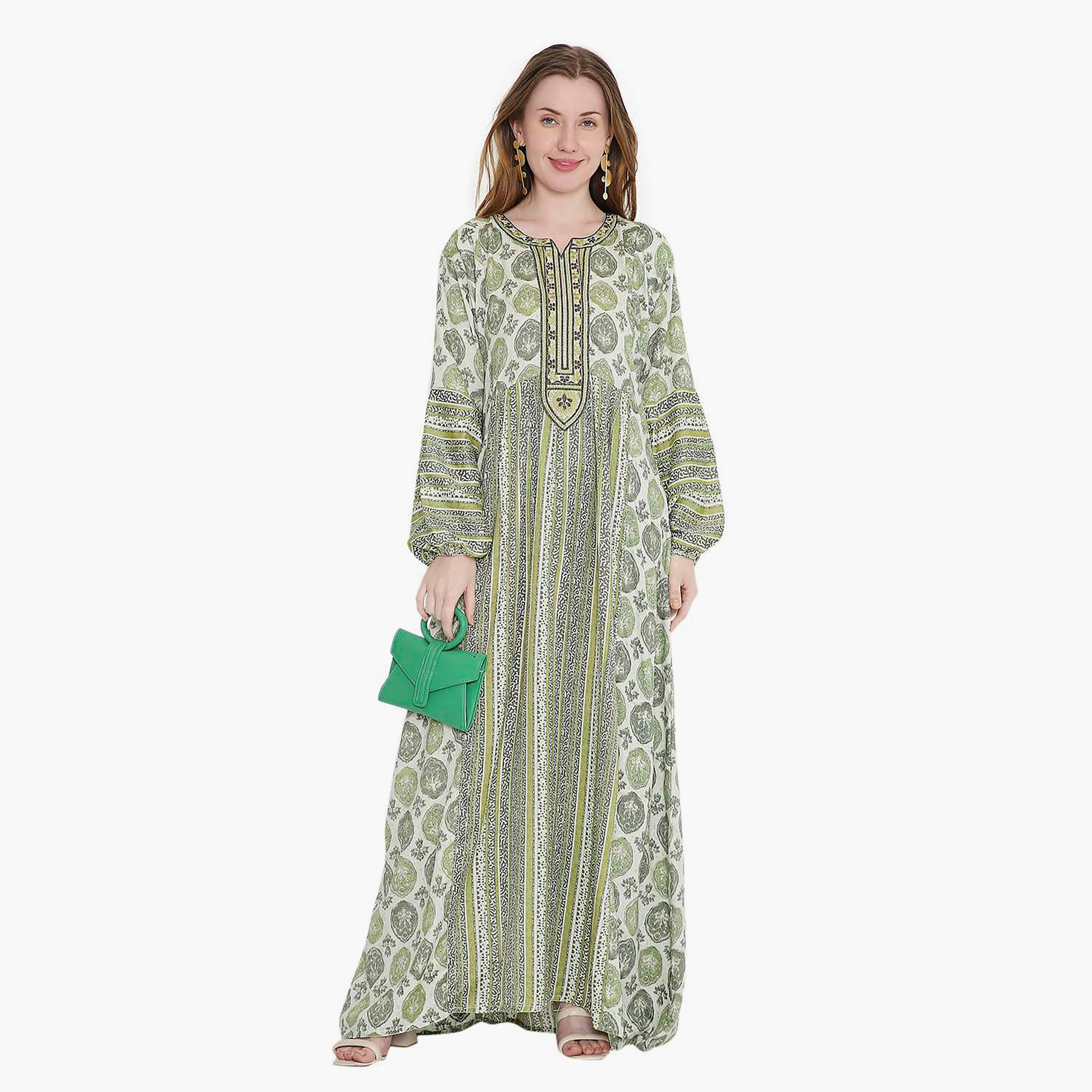 HanaandSara Geometric Print and Embroidered Yoke Women's Jalabiya-women-arabicclothing-jalabiyas-image-6