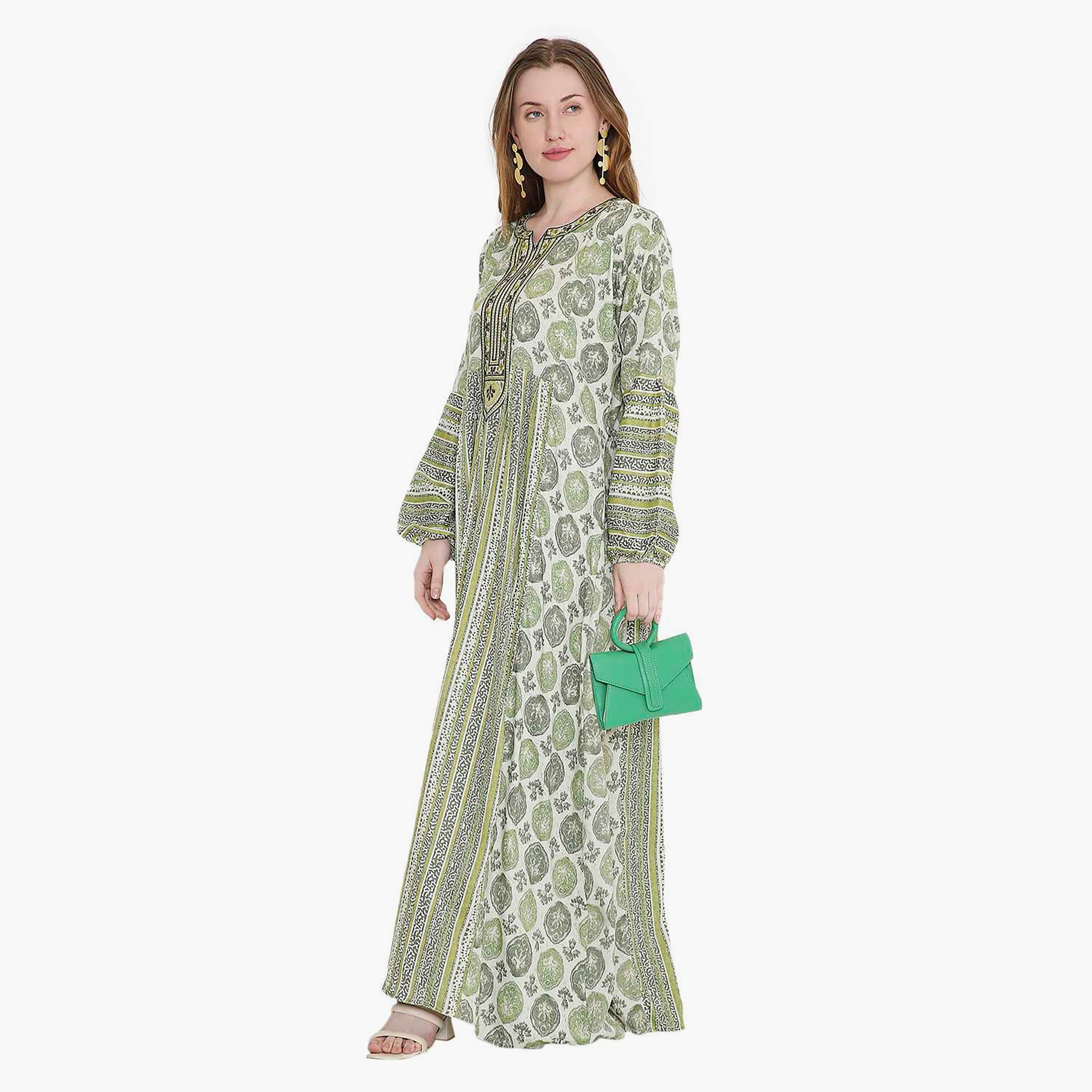 HanaandSara Geometric Print and Embroidered Yoke Women's Jalabiya-women-arabicclothing-jalabiyas-image-8