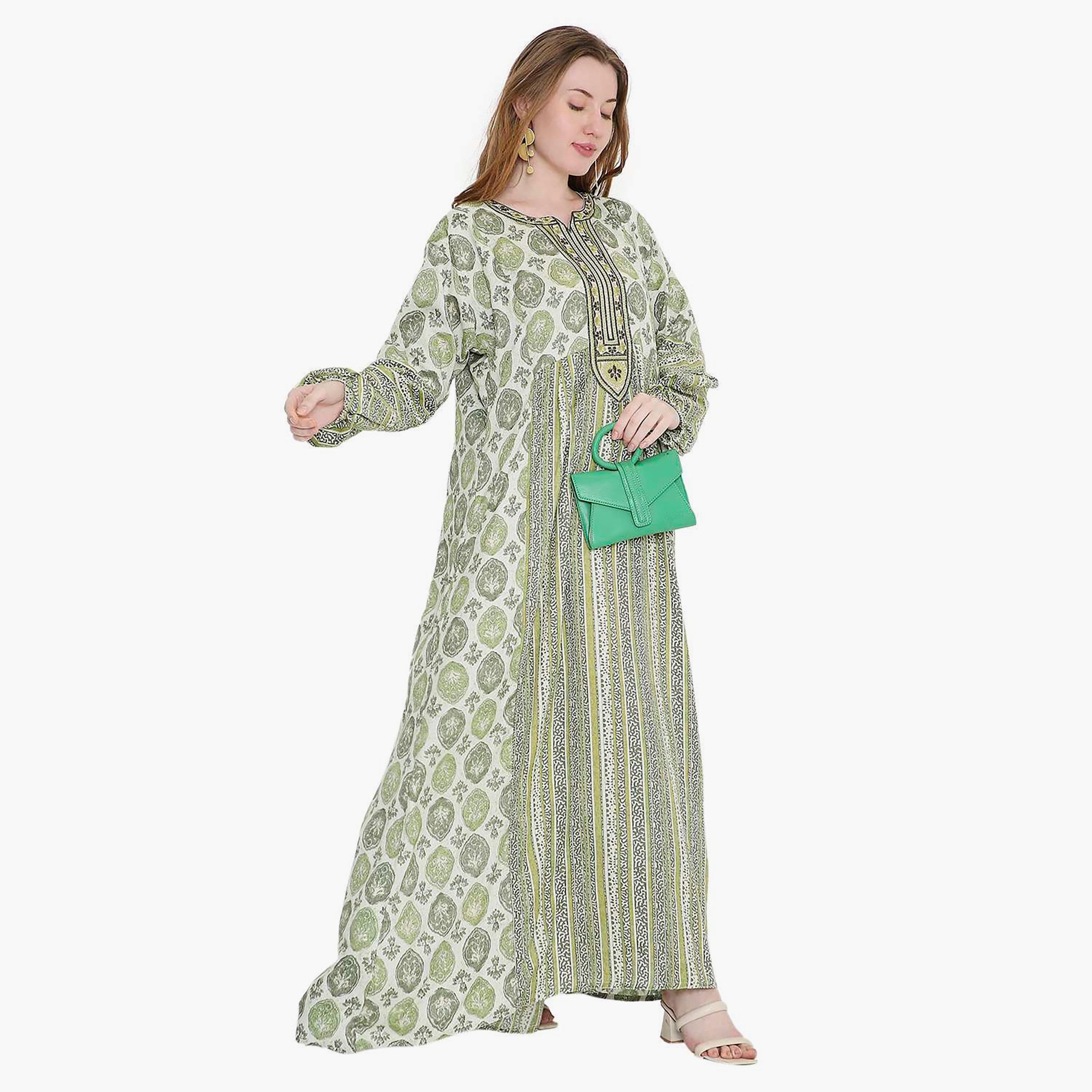 HanaandSara Geometric Print and Embroidered Yoke Women's Jalabiya-women-arabicclothing-jalabiyas-image-9