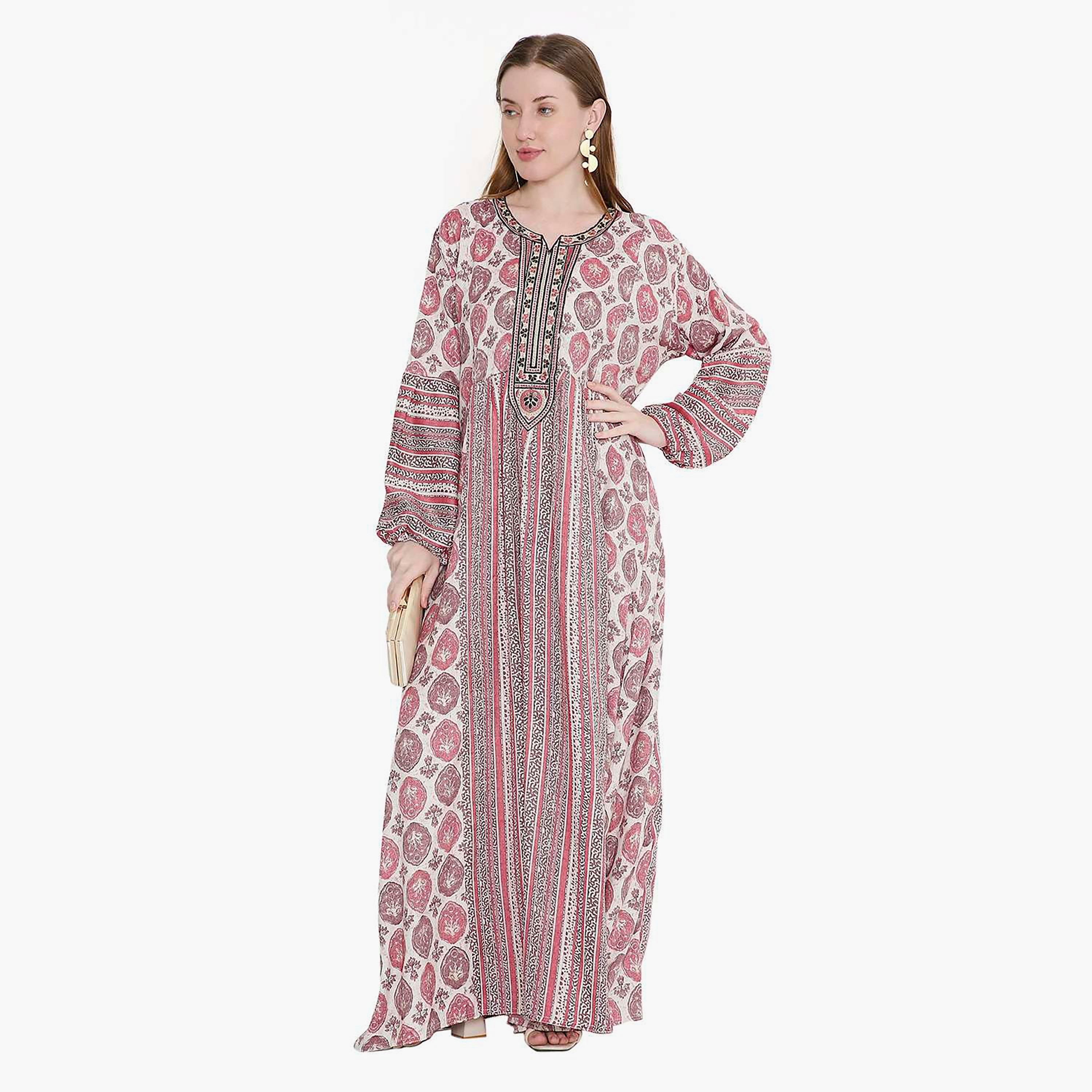 جلابية نسائية بطبعة هندسية ومطرزة من هانا اند سارة-women-arabicclothing-jalabiyas-image-1