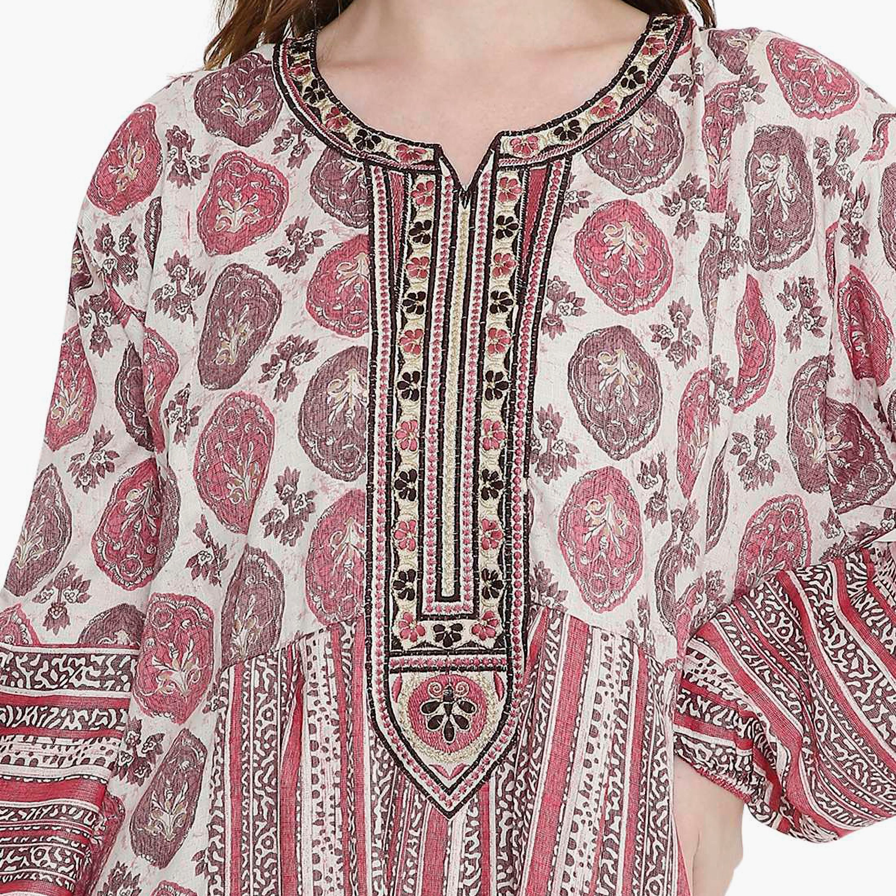 HanaandSara Geometric Print and Embroidered Yoke Women's Jalabiya-women-arabicclothing-jalabiyas-image-2