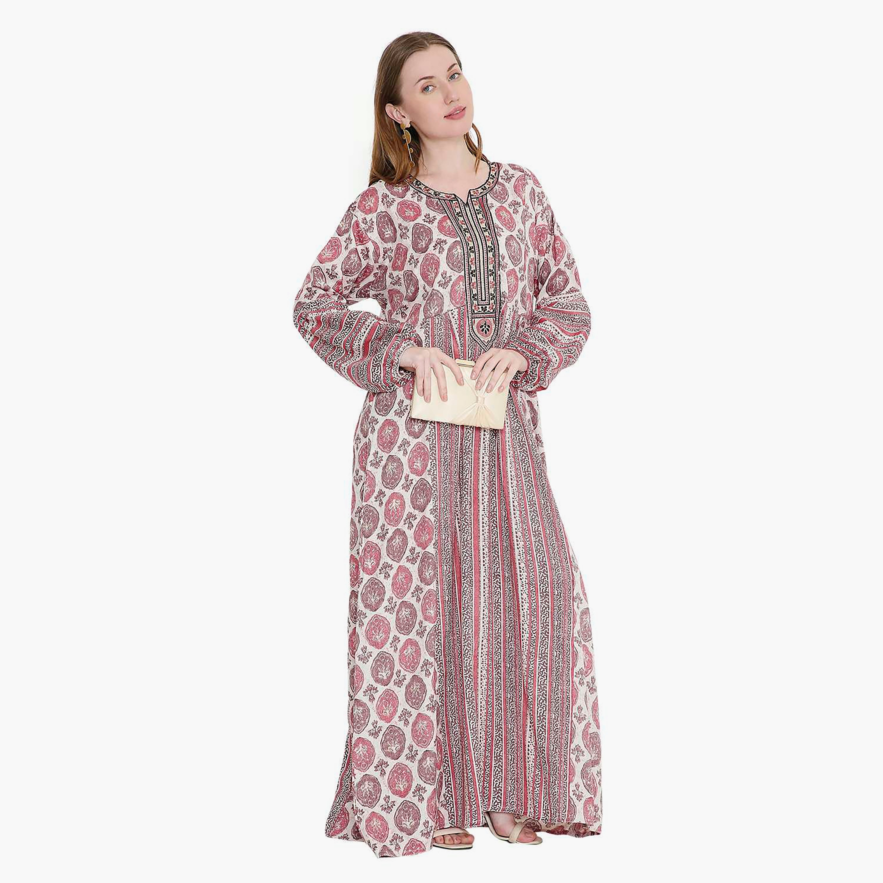 جلابية نسائية بطبعة هندسية ومطرزة من هانا اند سارة-women-arabicclothing-jalabiyas-image-4