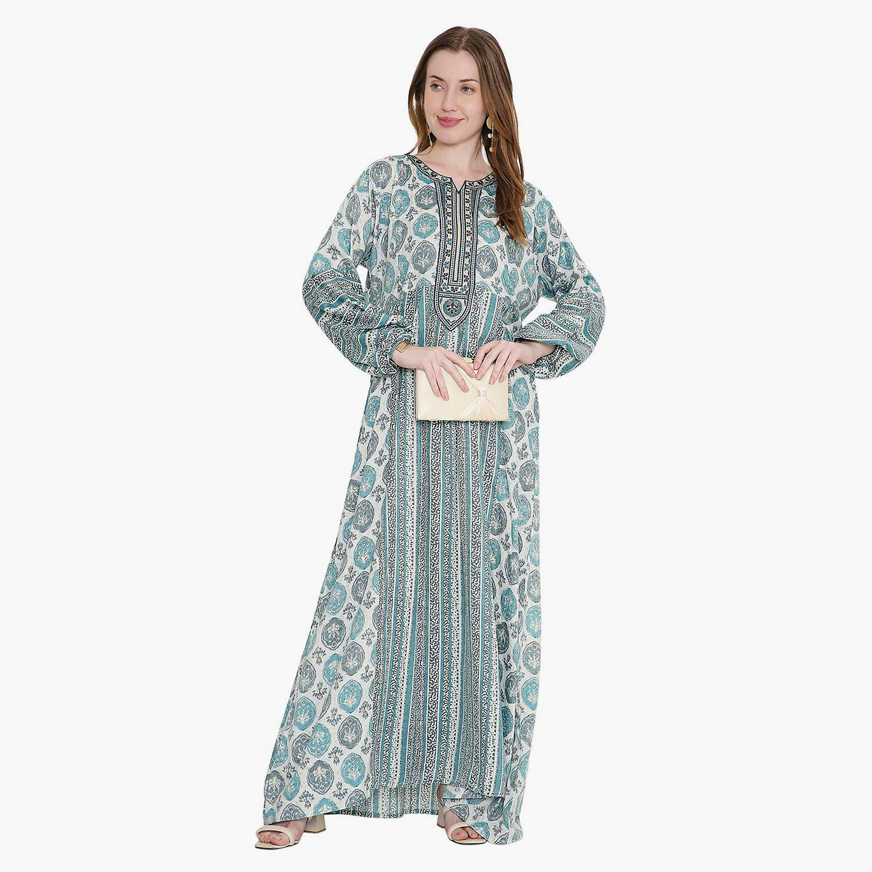HanaandSara Geometric Print and Embroidered Yoke Women's Jalabiya-women-arabicclothing-jalabiyas-image-11