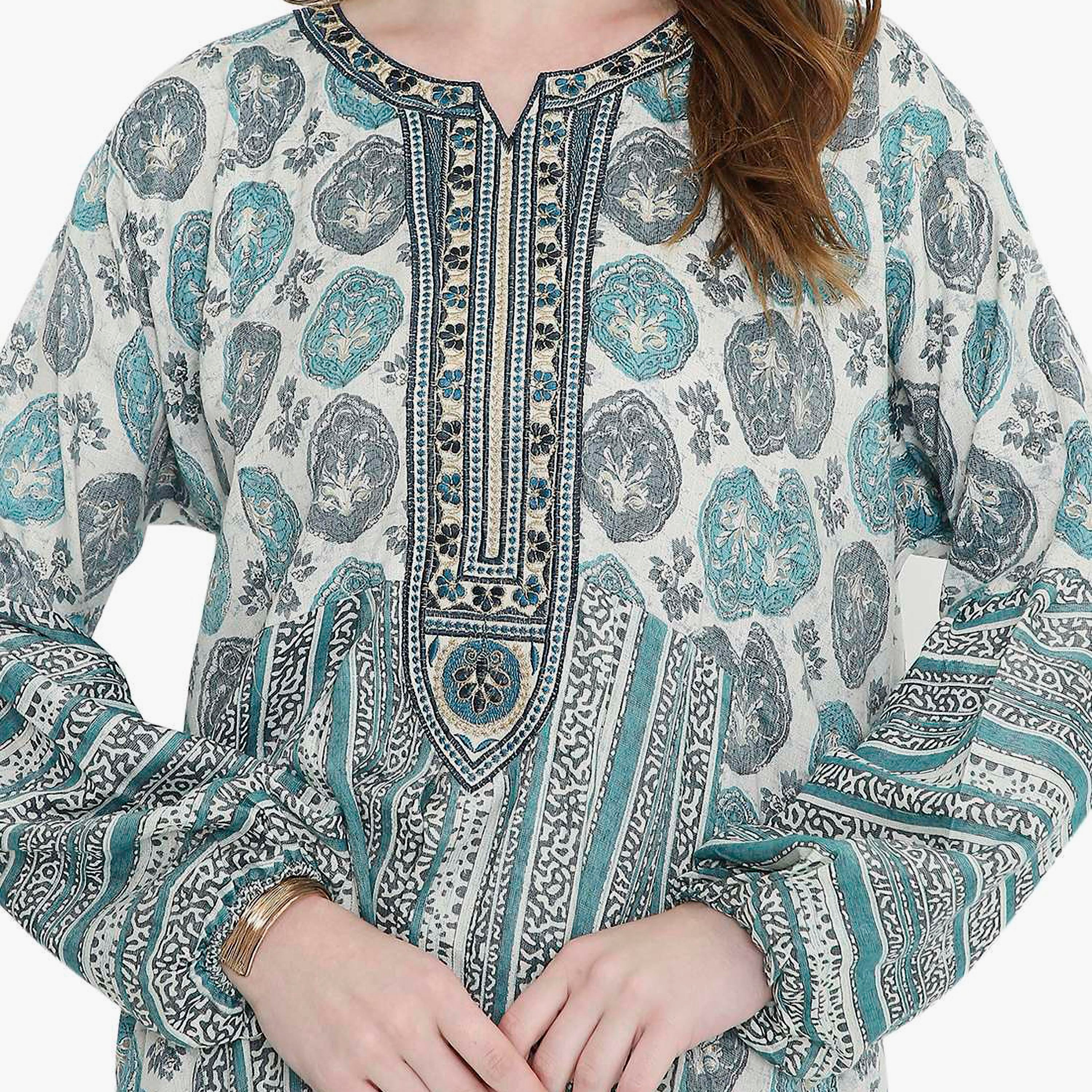 HanaandSara Geometric Print and Embroidered Yoke Women's Jalabiya-women-arabicclothing-jalabiyas-image-12