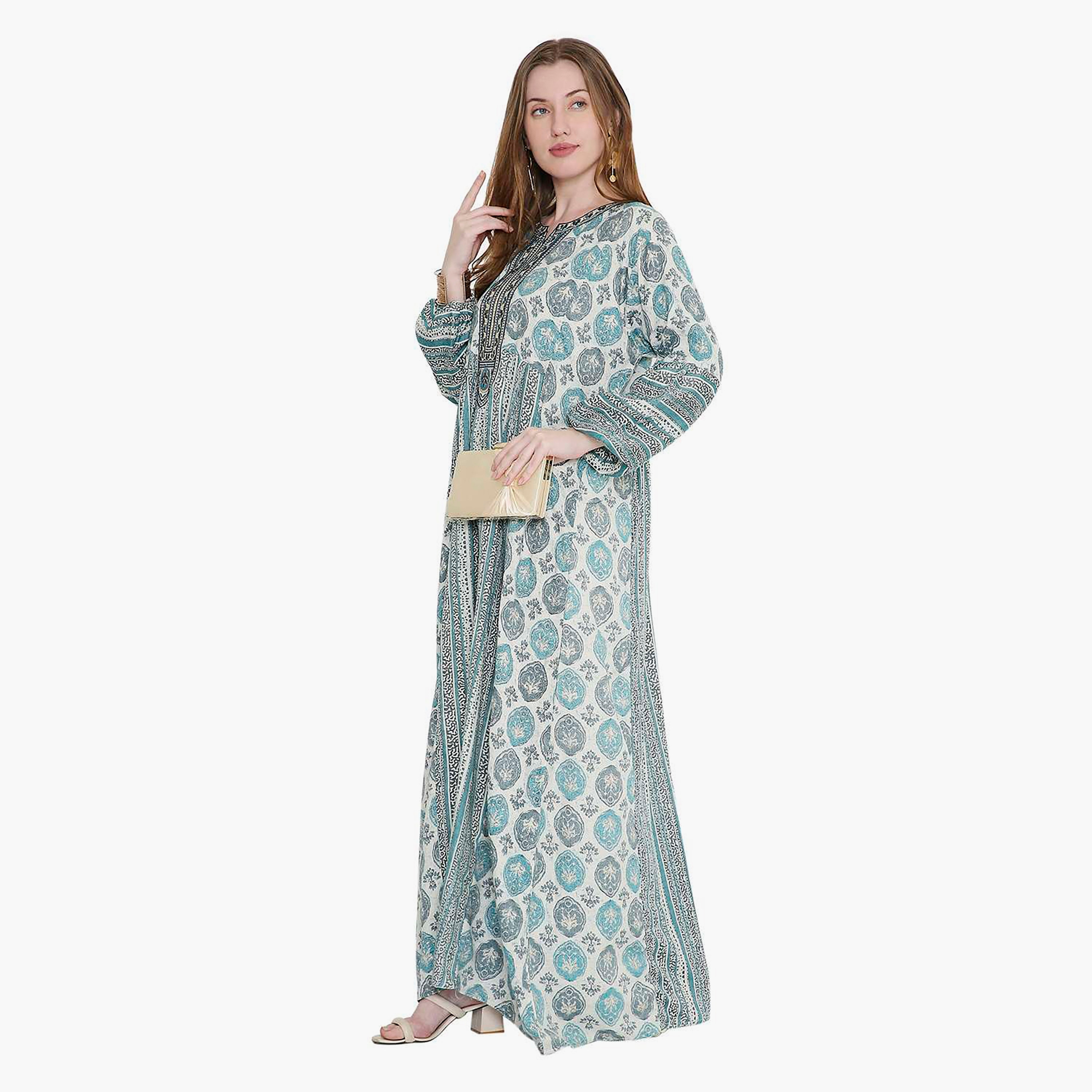 HanaandSara Geometric Print and Embroidered Yoke Women's Jalabiya-women-arabicclothing-jalabiyas-image-13