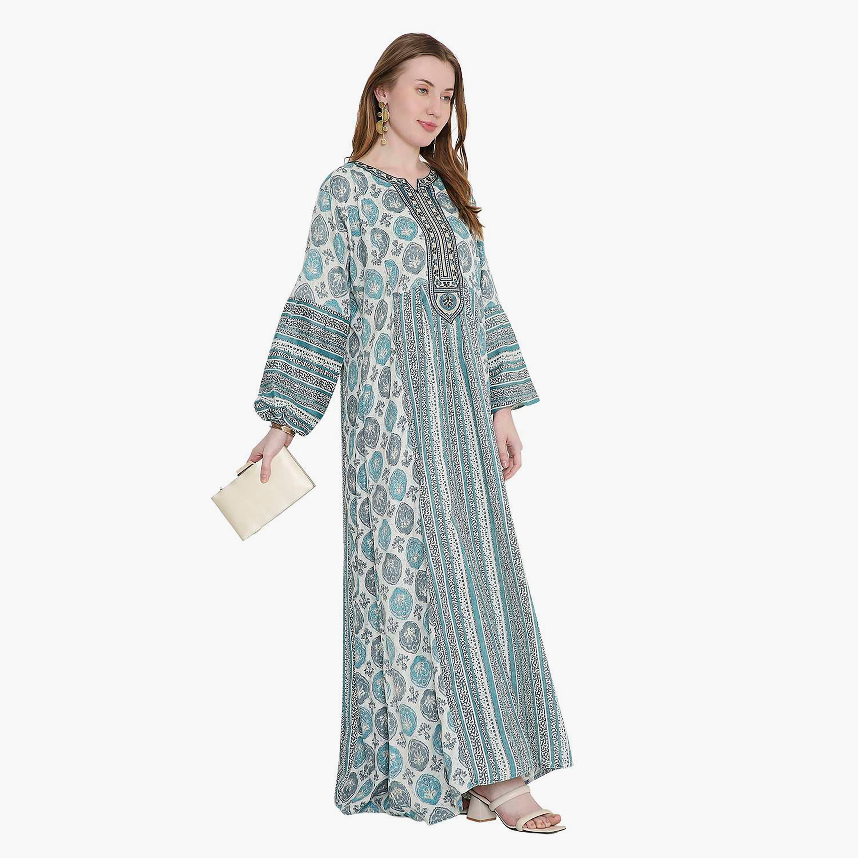 HanaandSara Geometric Print and Embroidered Yoke Women's Jalabiya-women-arabicclothing-jalabiyas-image-14