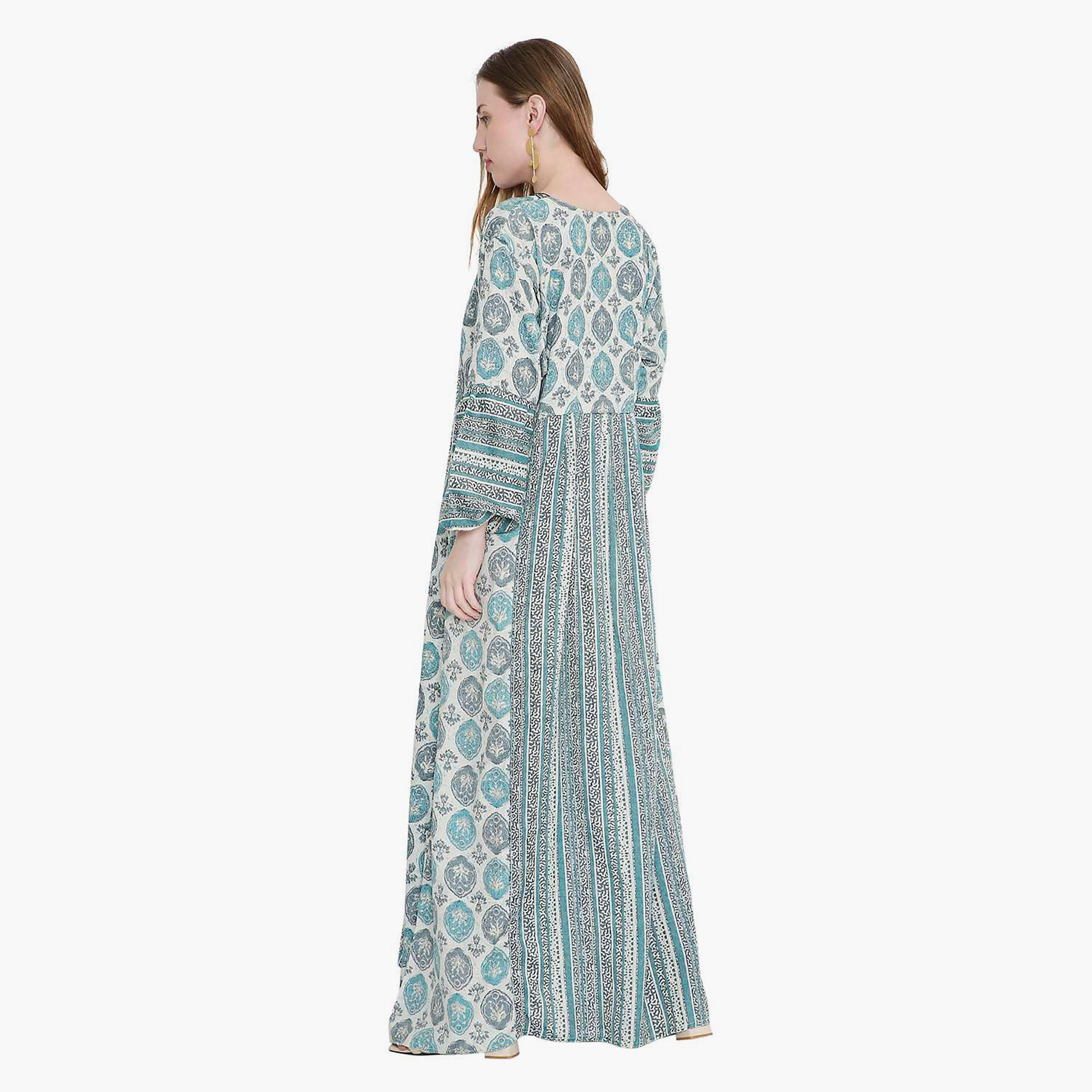 HanaandSara Geometric Print and Embroidered Yoke Women's Jalabiya-women-arabicclothing-jalabiyas-image-15