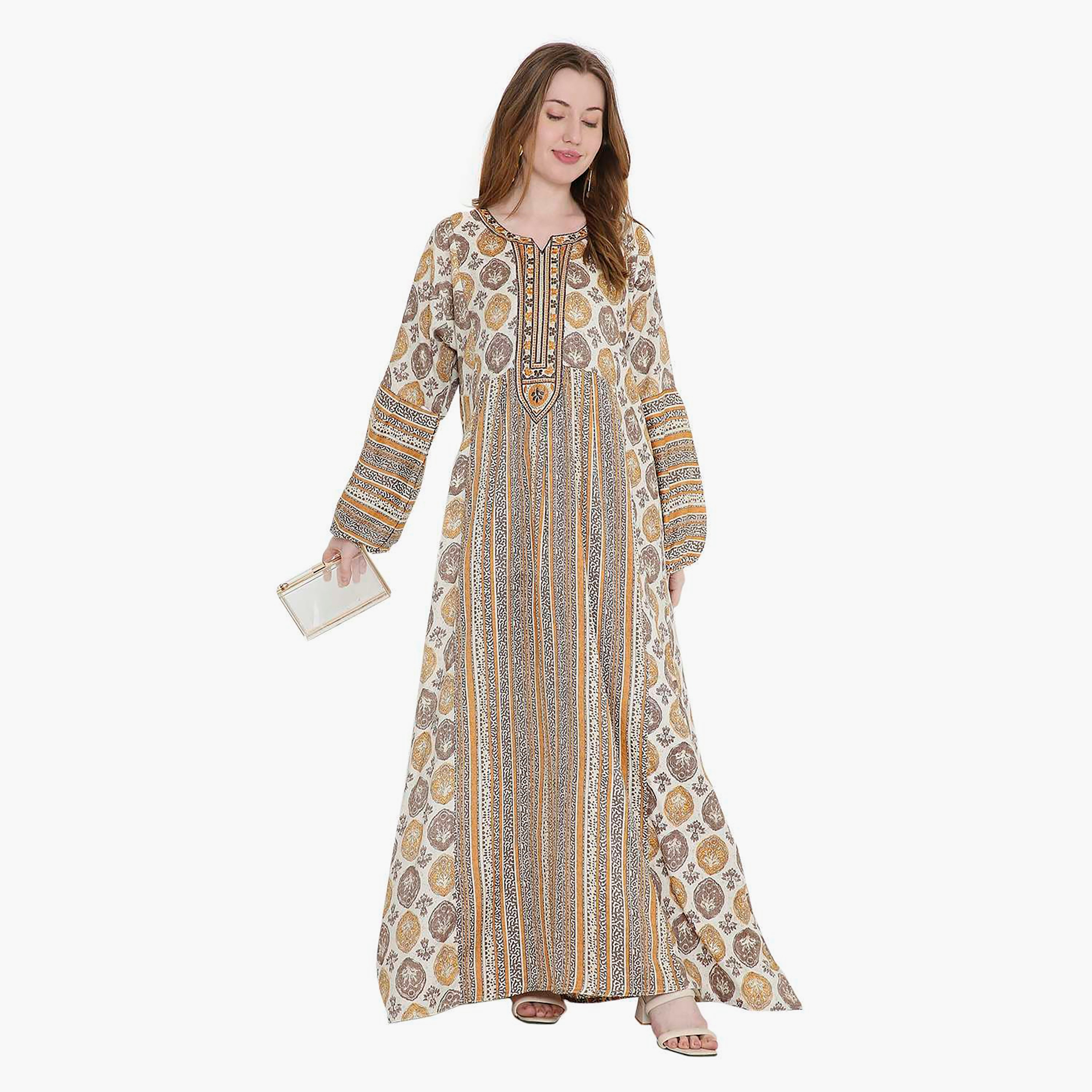 HanaandSara Geometric Print and Embroidered Yoke Women's Jalabiya-women-arabicclothing-jalabiyas-image-16
