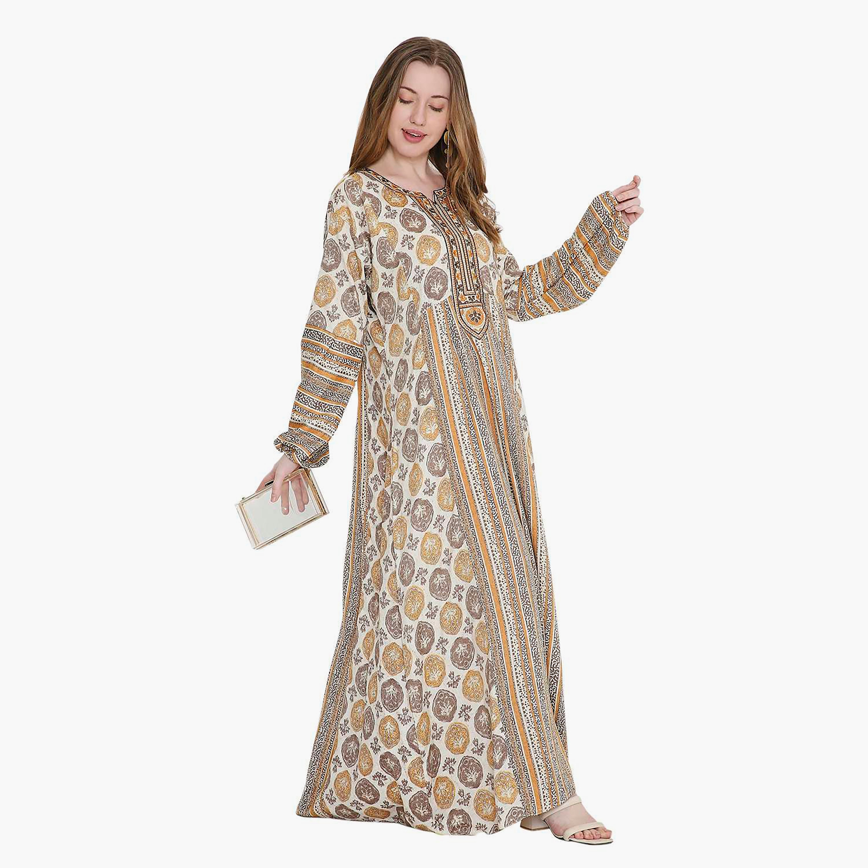 HanaandSara Geometric Print and Embroidered Yoke Women's Jalabiya-women-arabicclothing-jalabiyas-image-19