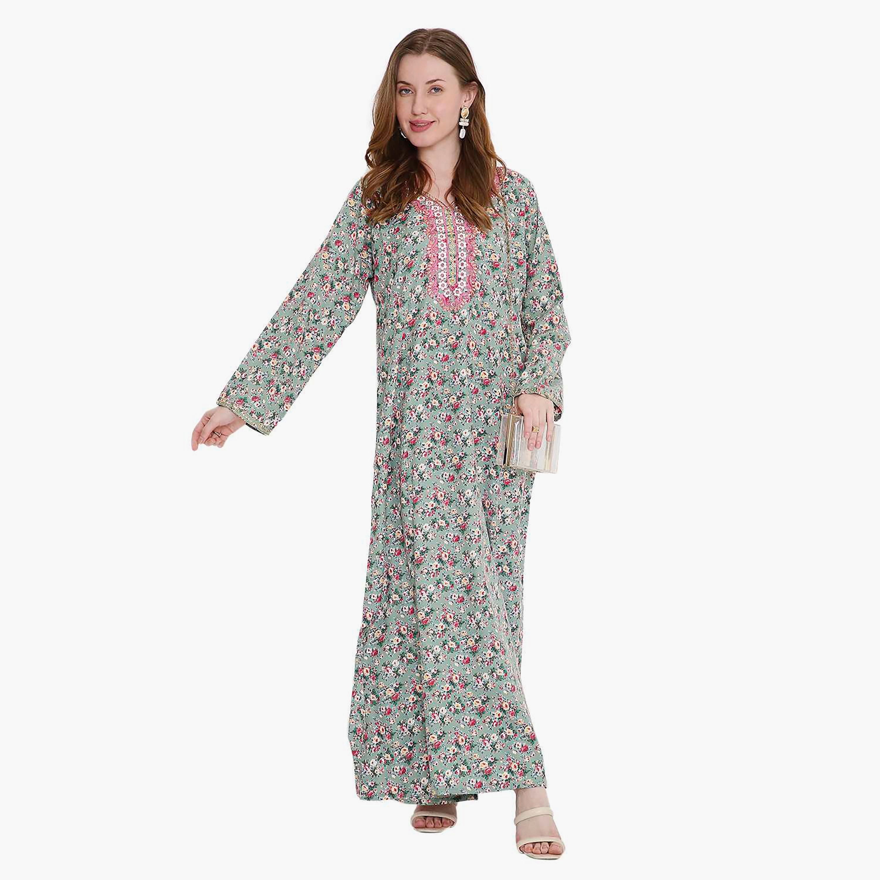 جلابية نسائية متناثرة بطبعة زهور ومطرزة من هانا اند سارة-women-arabicclothing-jalabiyas-image-1