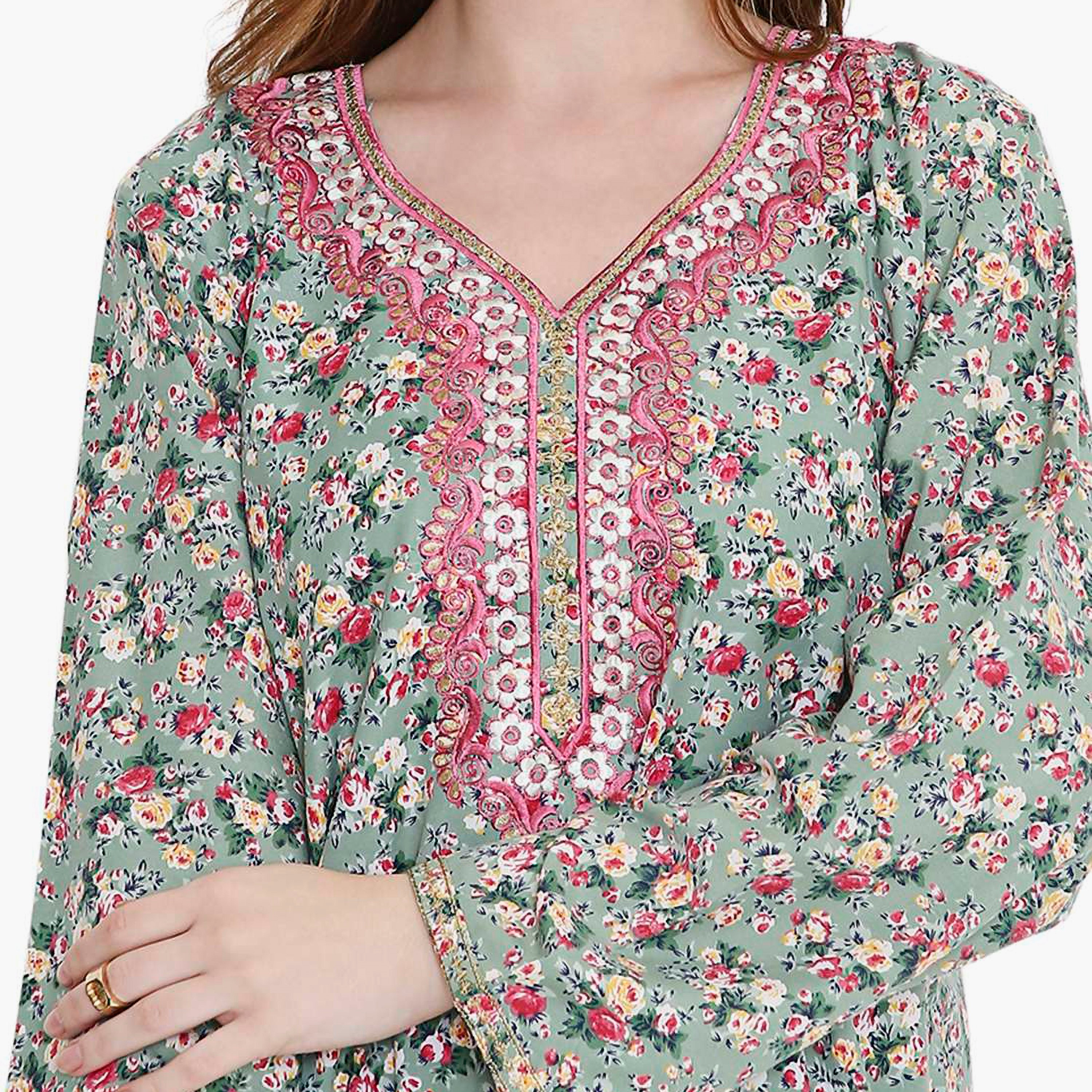 جلابية نسائية متناثرة بطبعة زهور ومطرزة من هانا اند سارة-women-arabicclothing-jalabiyas-image-2