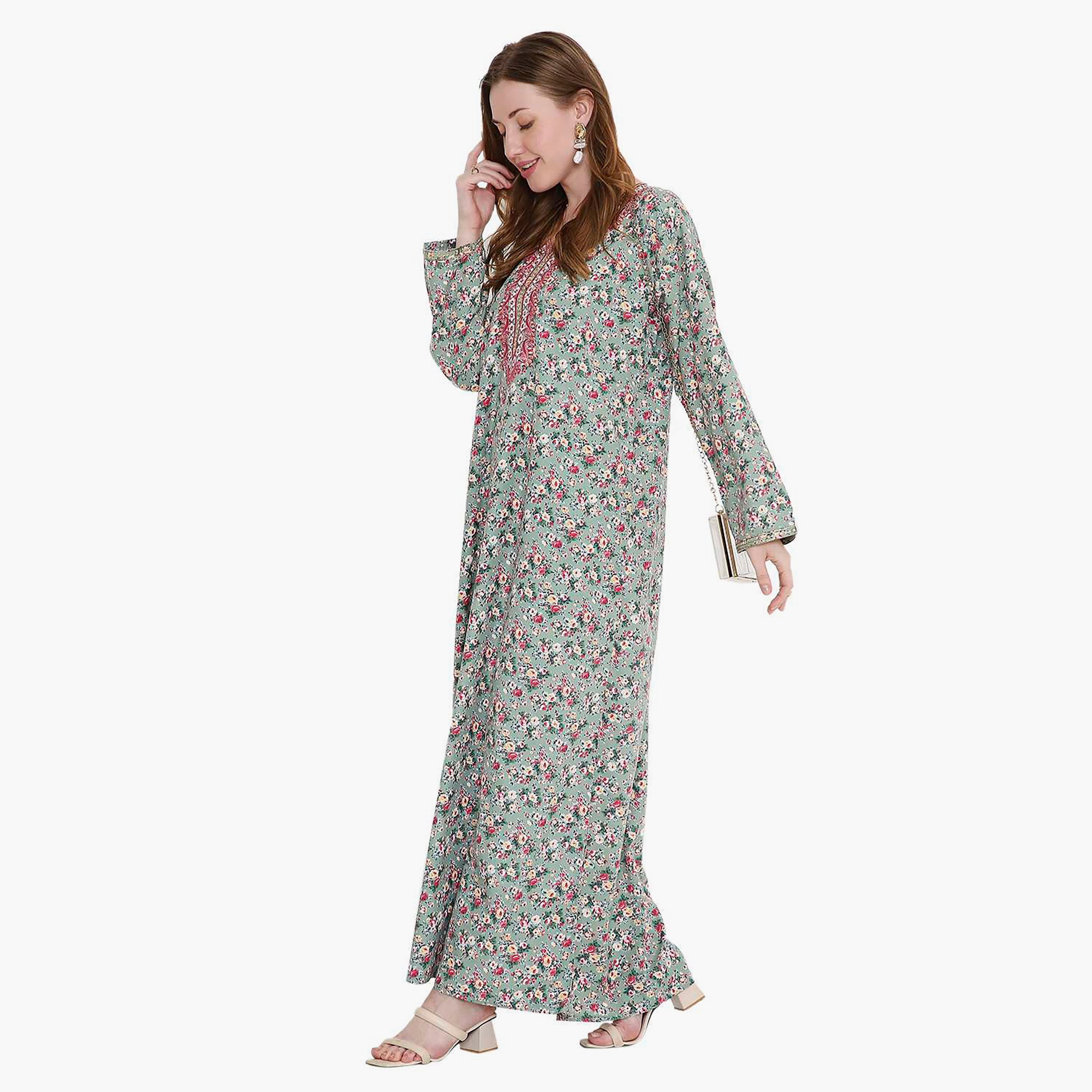 جلابية نسائية متناثرة بطبعة زهور ومطرزة من هانا اند سارة-women-arabicclothing-jalabiyas-image-3